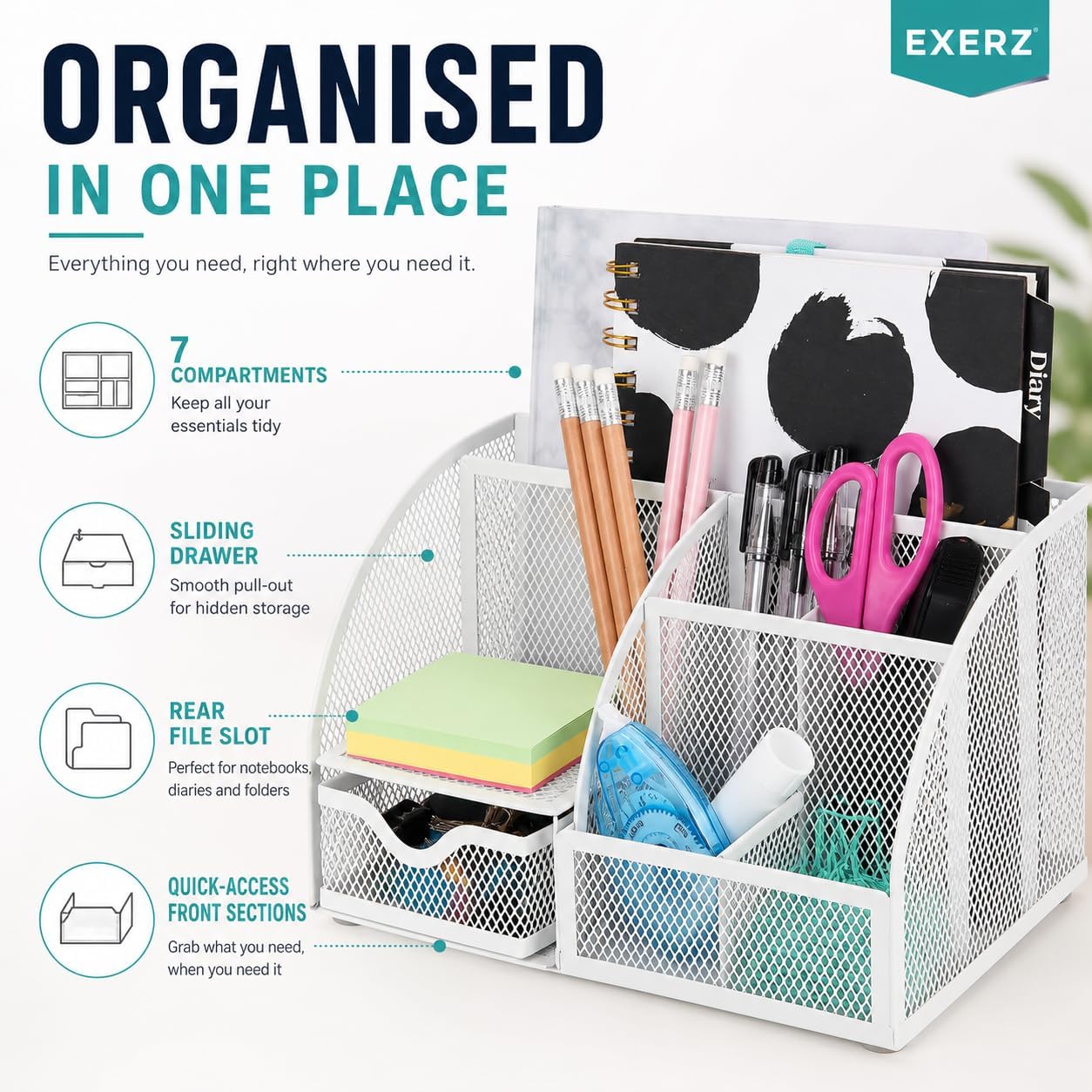 Desk Organizer 7 Compartments Metal Mesh Pen Holder Caddy White | Compact White Desktop Storage for Notes Clips Scissors Rulers Craft Tools Makeup Study and Home Use - view 4