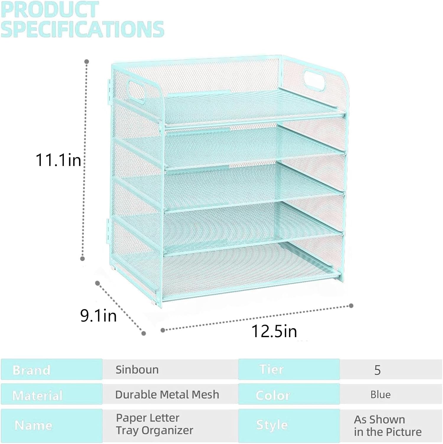 Letter tray paper organizer 5-tier desk organizer file organizer paper holder with handle, metal desktop document shelf tray office classroom organization - blue - view 2