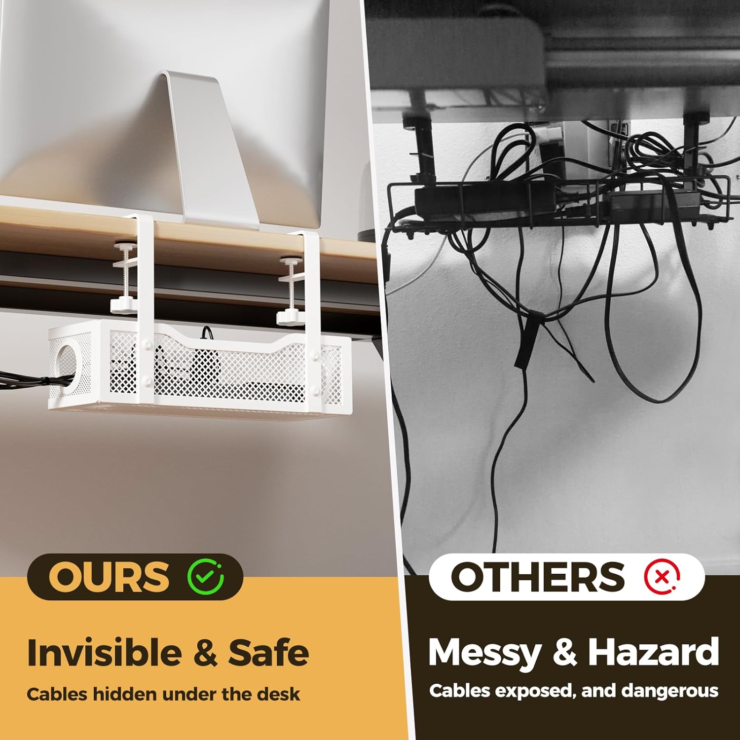 Under Desk Cable Management Tray White, Wire Organizers No Drill, Cable Tray with Clamp for Wire Management, Cord Organization Box for Office, Home - No Damage to Desk - view 3