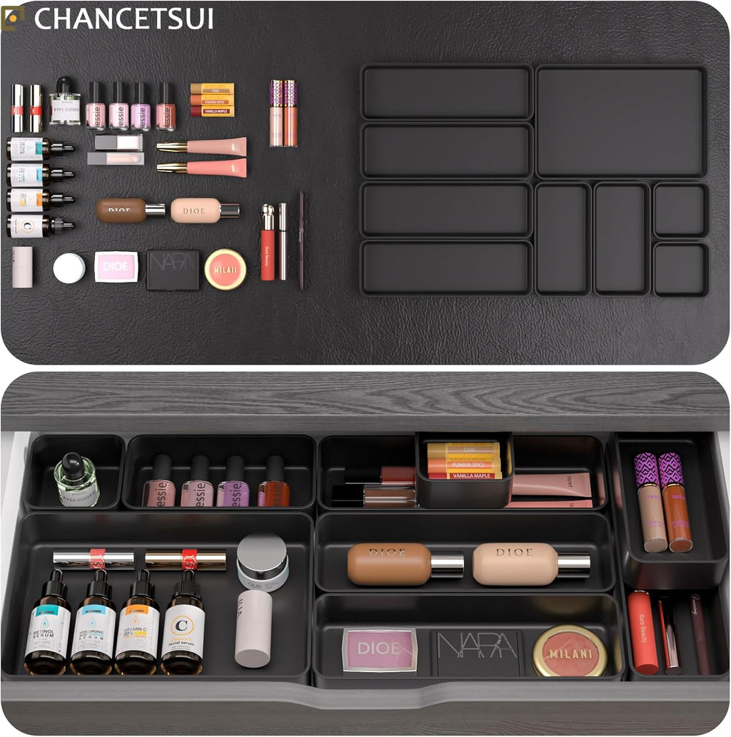 Black Bathroom Drawer Organizer Trays: 9 PC Stackable Desk Organizers Bin | vanity office kitchen modern shallow containers modular storage - view 3