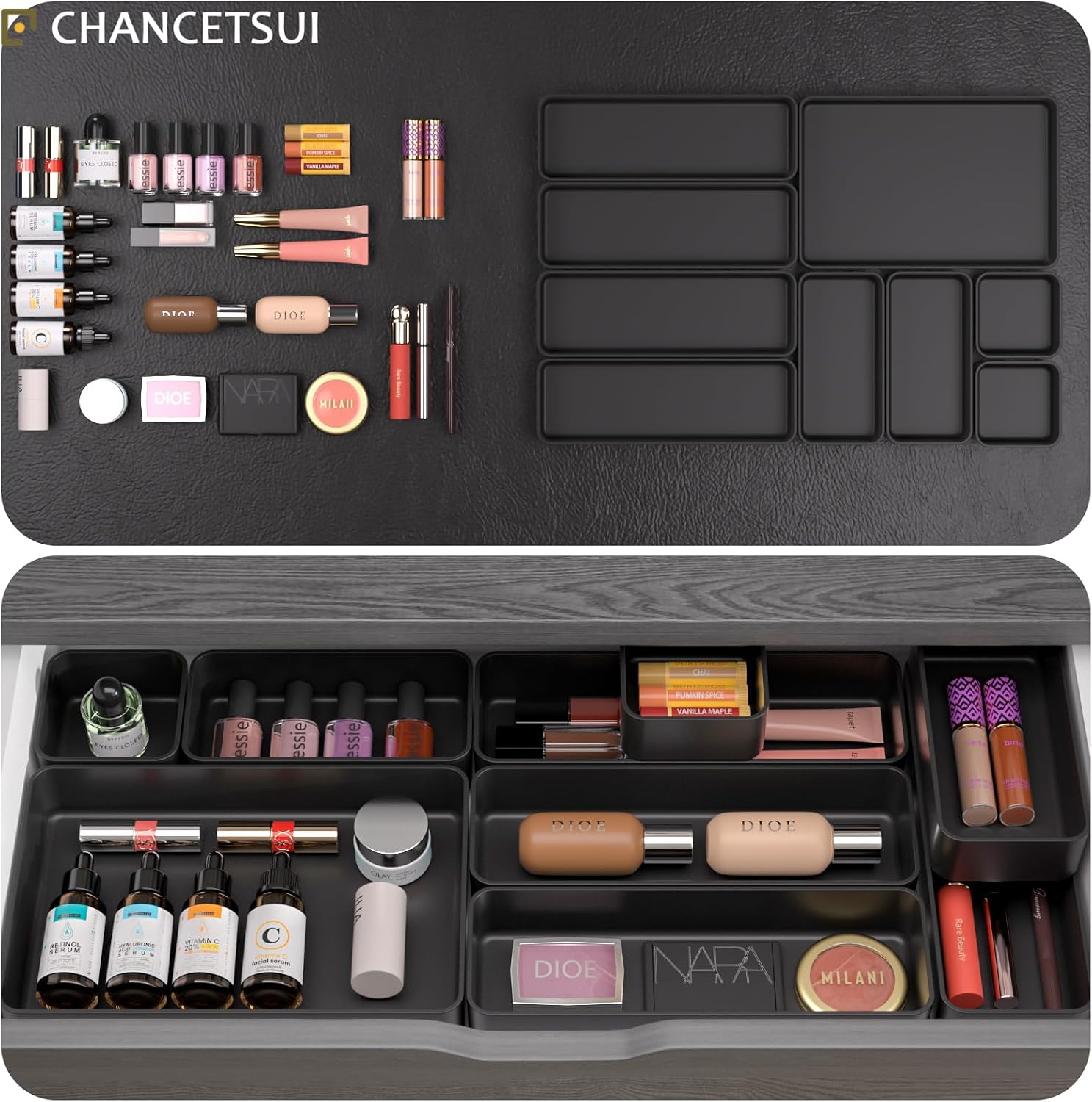 Black Bathroom Drawer Organizer Trays: 9 PC Stackable Desk Organizers Bin | vanity office kitchen modern shallow containers modular storage - view 3