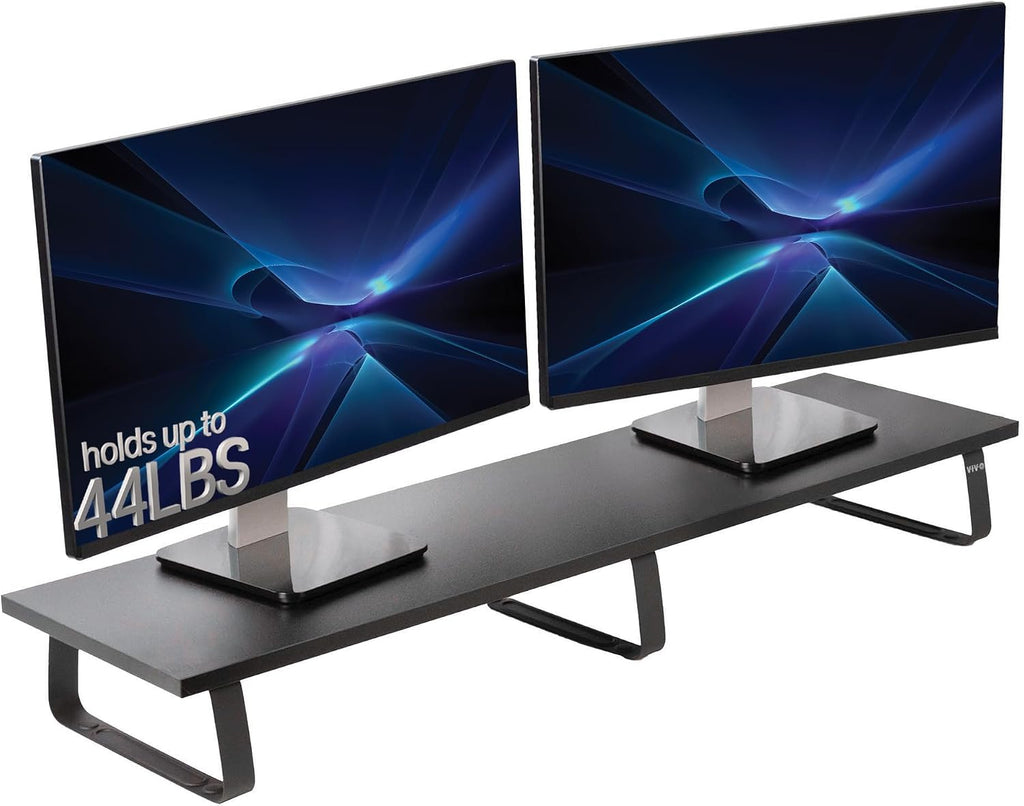 39 inch Extra Long Monitor Stand, Wood & Steel Desktop Riser, Dual Screen, TV, Keyboard, Laptop, Ergonomic Desk and Tabletop Organizer, Black, STAND-V000DL