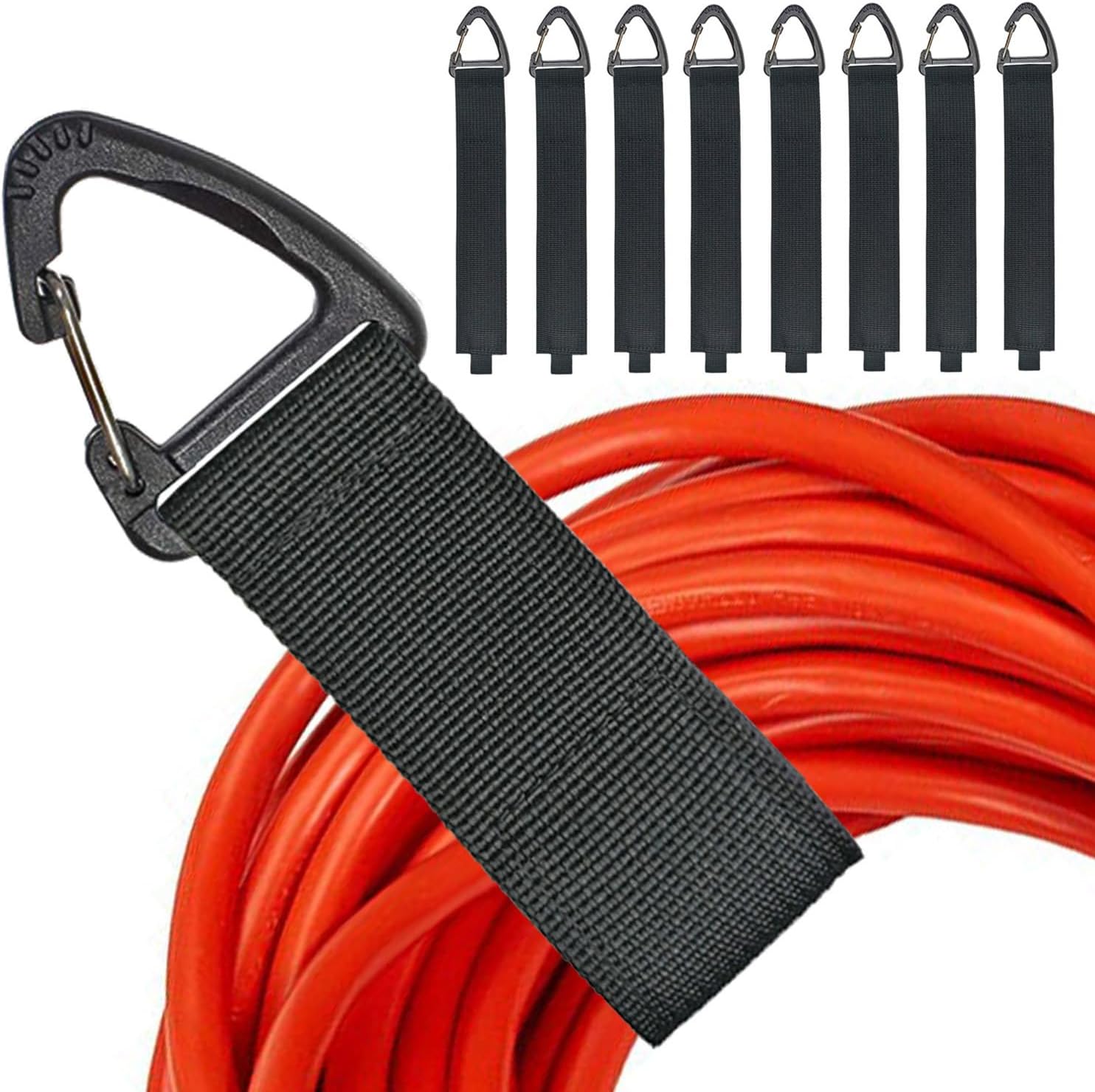 Extension Cord Organizer Garage Organization with Carabiner 8 Pack | 16-Inch straps, Holds Up to 50 lbs, Hose holder, Carabiner Clip, Heavy Duty, For House, For Yard, For Storage, For Workshop