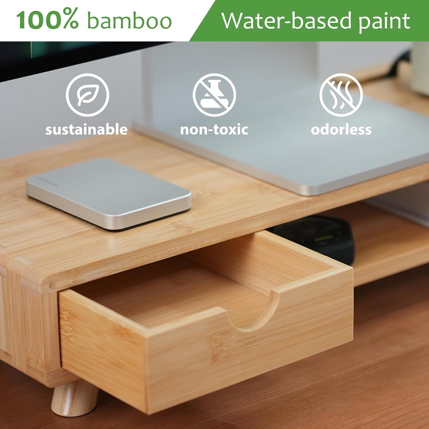 Bamboo Monitor Stand Riser with Drawer | Ergonomic Computer Riser for Desk with Cable Management & Storage Organizer, Wood Monitor Stand for Home Office - view 2