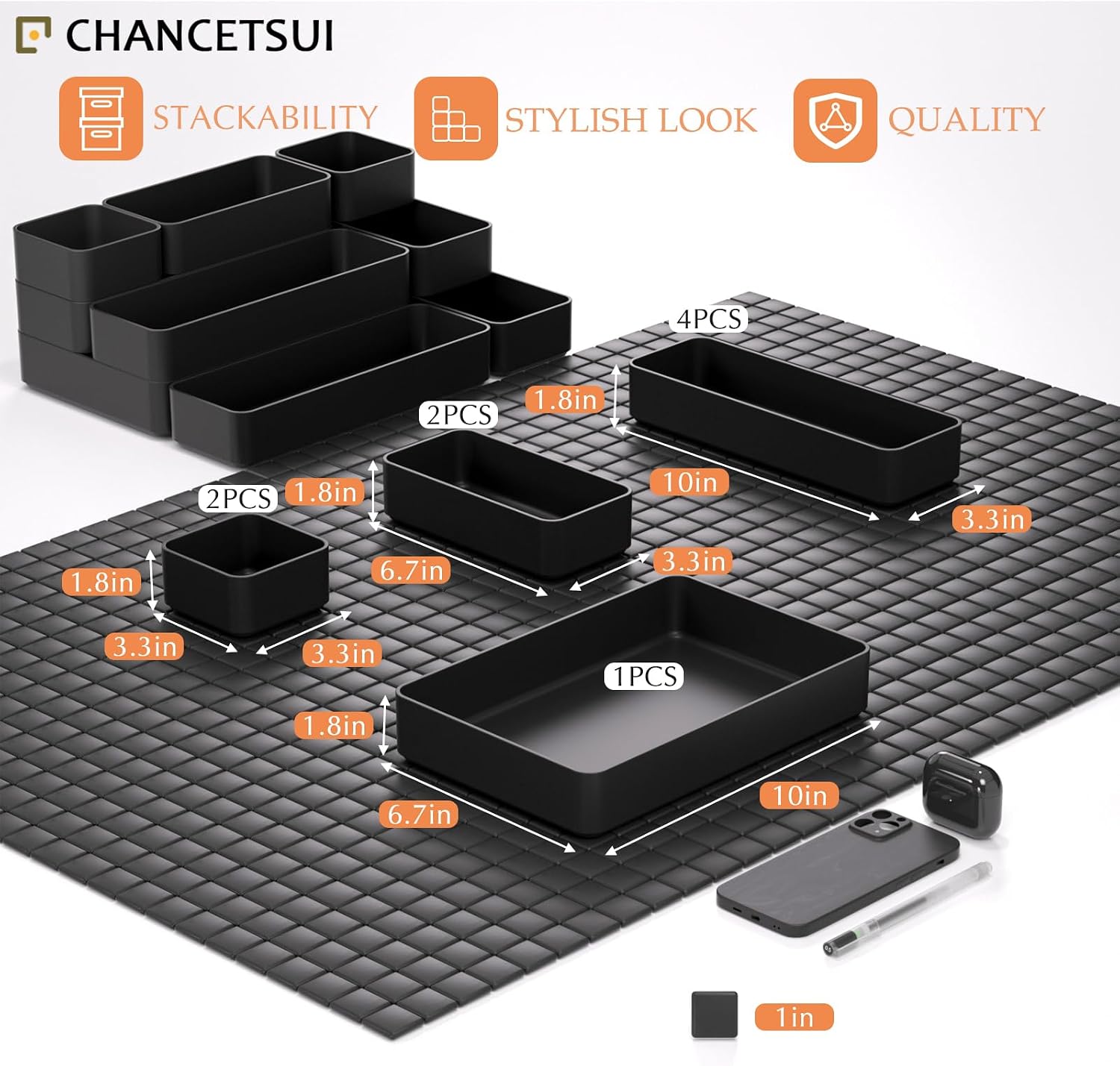 Black Bathroom Drawer Organizer Trays: 9 PC Stackable Desk Organizers Bin | vanity office kitchen modern shallow containers modular storage - view 5
