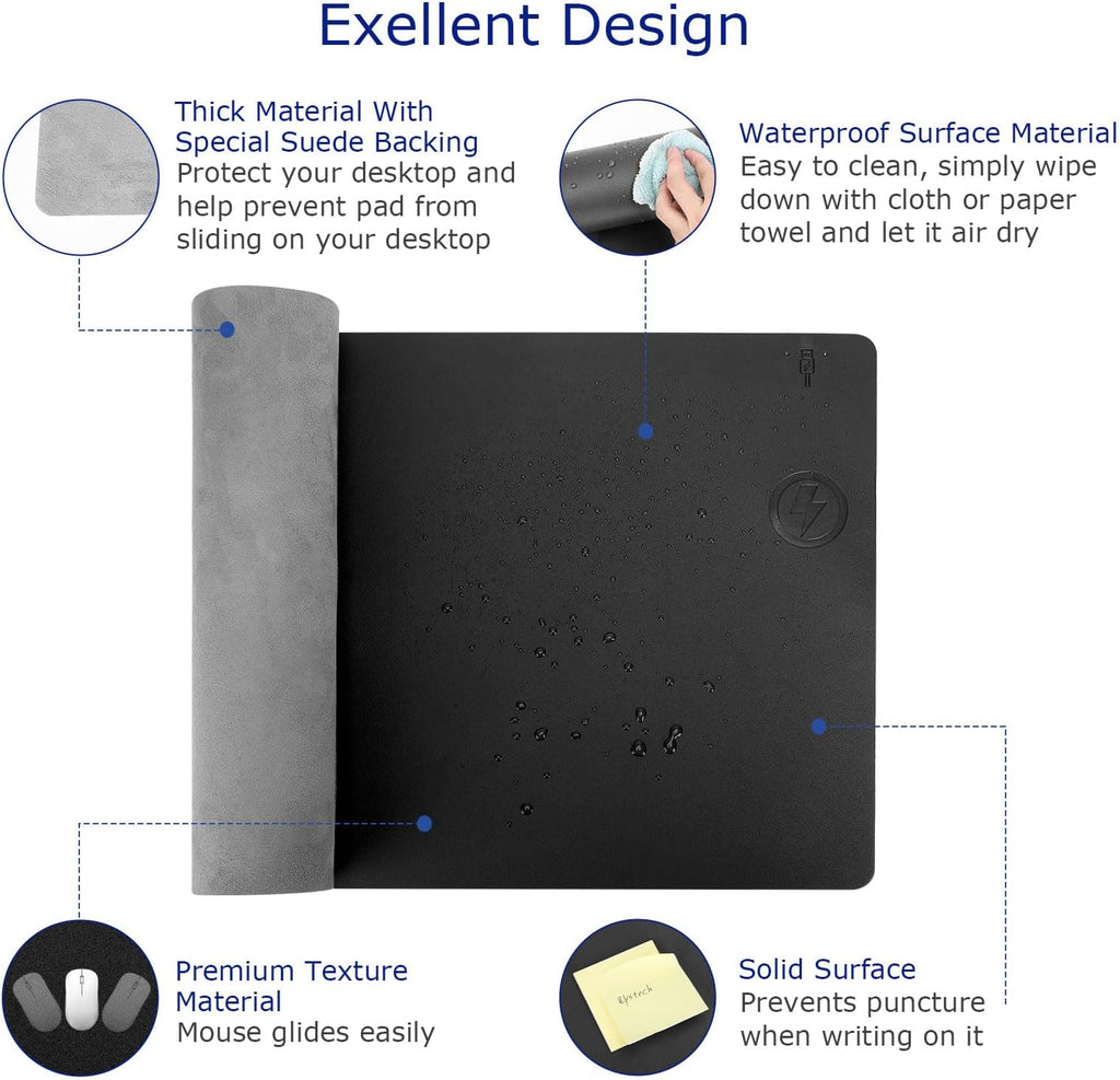Desk Pad with Wireless Charger, Leather, Waterproof, Anti-Slip Wool Felt Base Material, Office Table Mat, Fast Charging Gaming Mouse Pad, 32”(L) x 16”(W), Black (Right Side Charging Port) - view 4