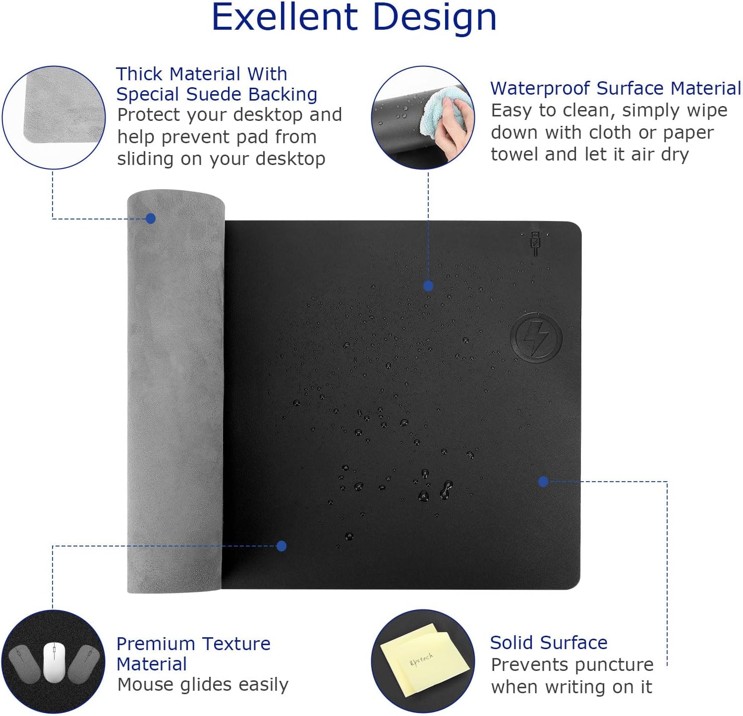 Desk Pad with Wireless Charger, Leather, Waterproof, Anti-Slip Wool Felt Base Material, Office Table Mat, Fast Charging Gaming Mouse Pad, 32”(L) x 16”(W), Black (Right Side Charging Port) - view 4