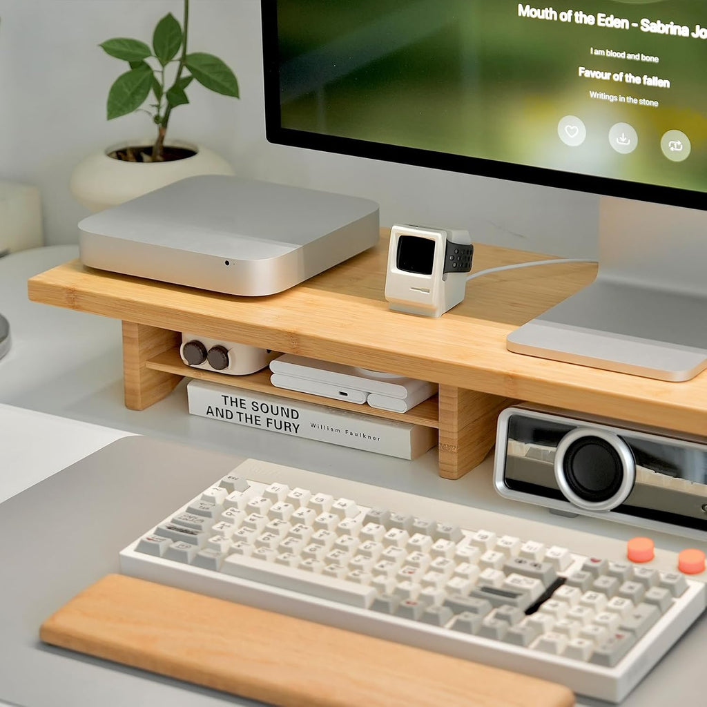Bamboo Dual Monitor Stand Riser, 2-Tier Desk Shelf with Storage | 39.37-Inch Wide, 300 lbs Capacity, Removable Shelf for Monitors, Printer or TV in Home office, Natural - view 3