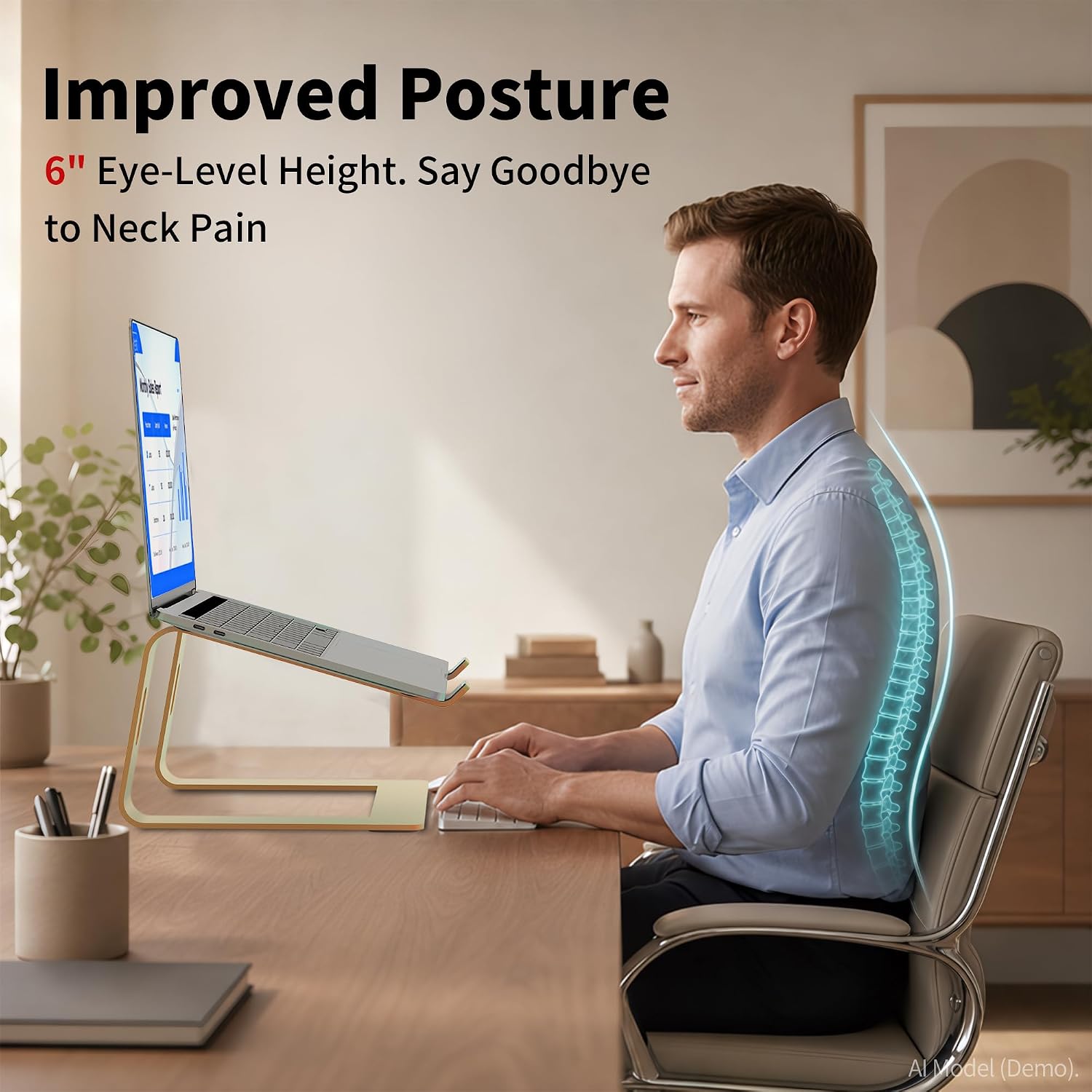 Ergonomic Laptop Stand, Premium 5mm Aluminum Riser for 10-15.6 Inch Notebook Computer, Tool-Free Detachable Elevator Holder for Desk Office, Sturdy Riser for Eye-Level Neck Relief (Gold) - view 2