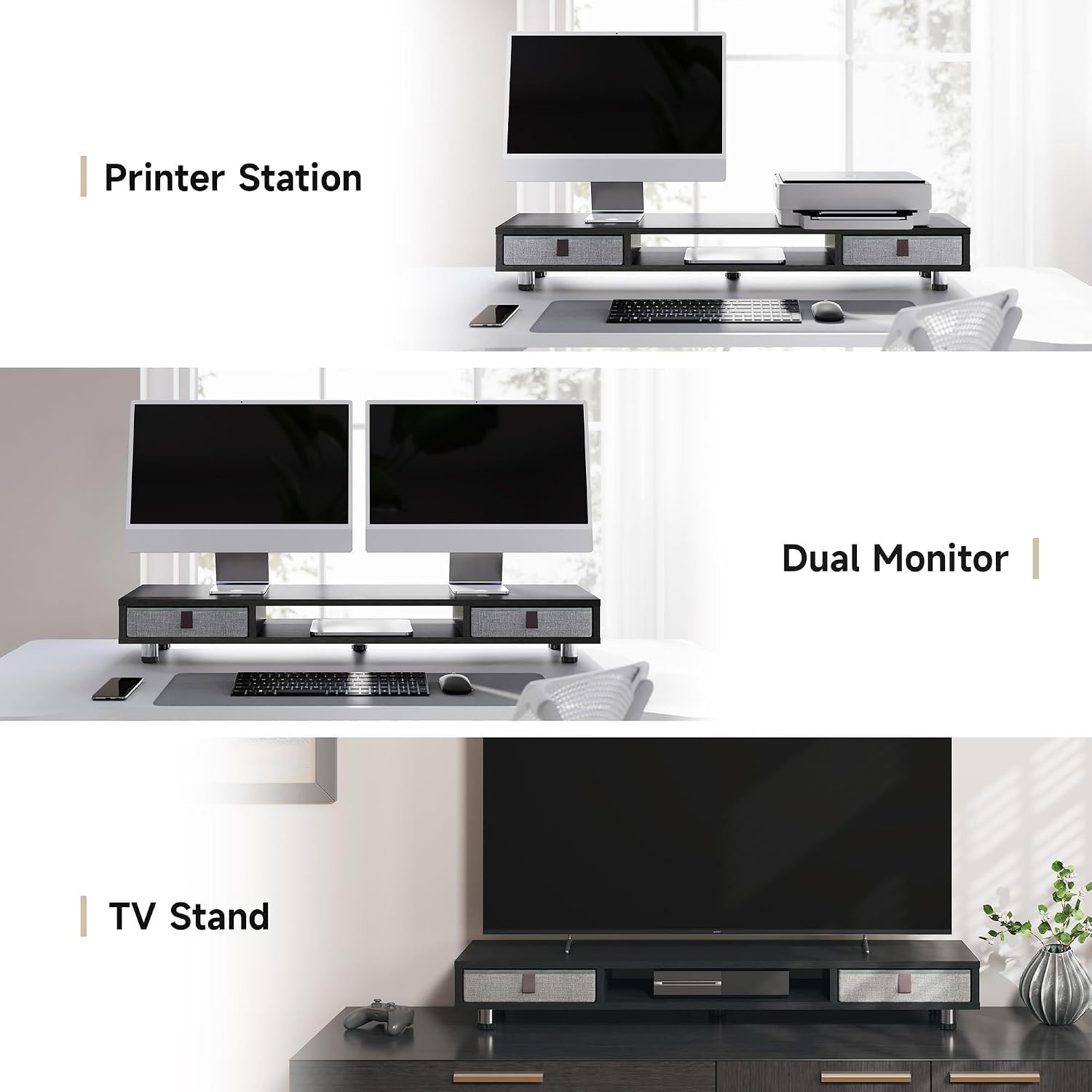 Dual Monitor Stand, 2-Tier Desk Organizer with Drawers, 42.5in, Black | Storage Fabric Drawer, Ergonomic Height Adjustable, Desk Shelf for Top of Desk, Laptop, PC, TV, Home Office Organization - view 7