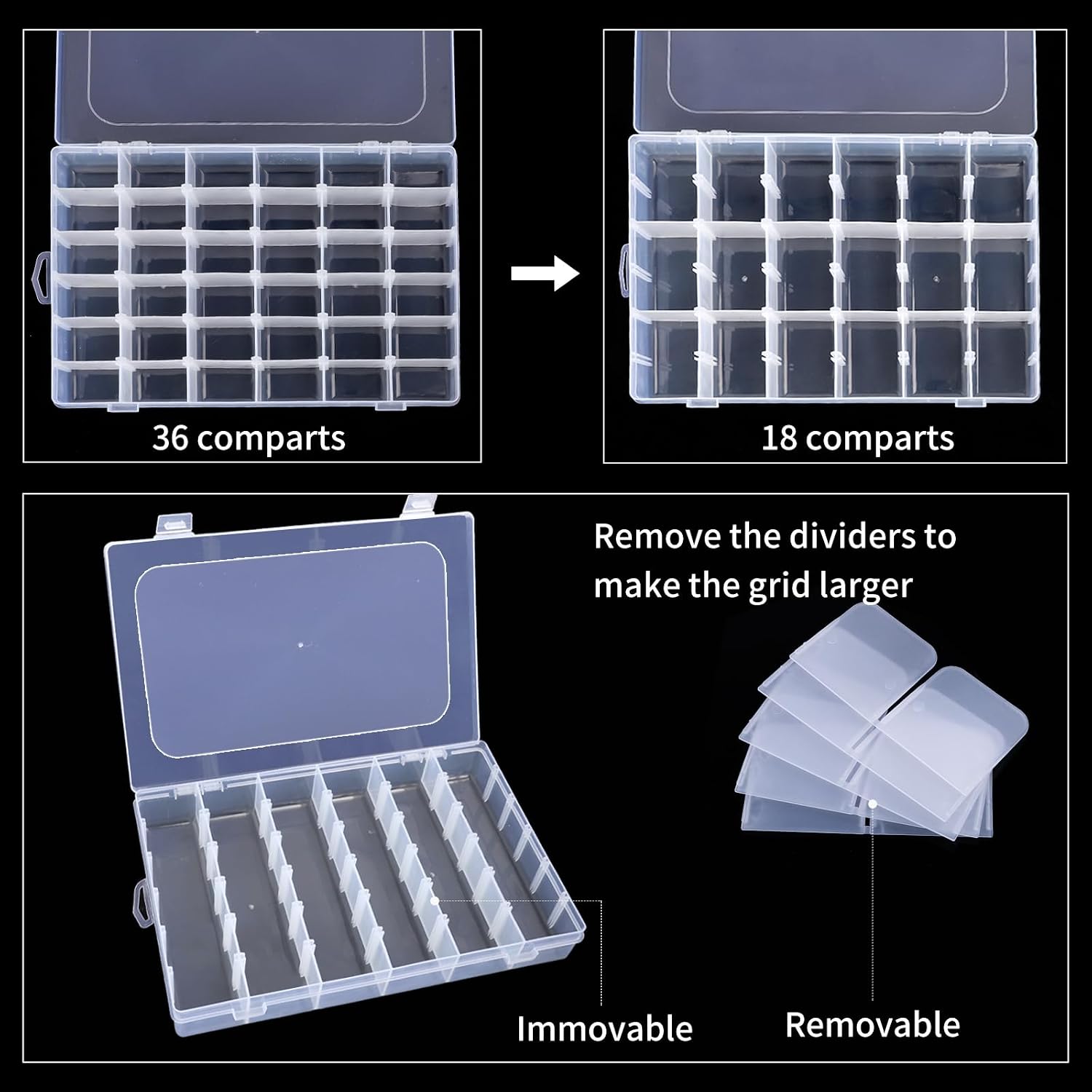 Bead organizer storage 2 pack 36 grid jewelry tackle craft box adjustable | clear plastic, adjustable dividers, label stickers included, for beads jewelry crafts fishing tackle and small parts - view 4
