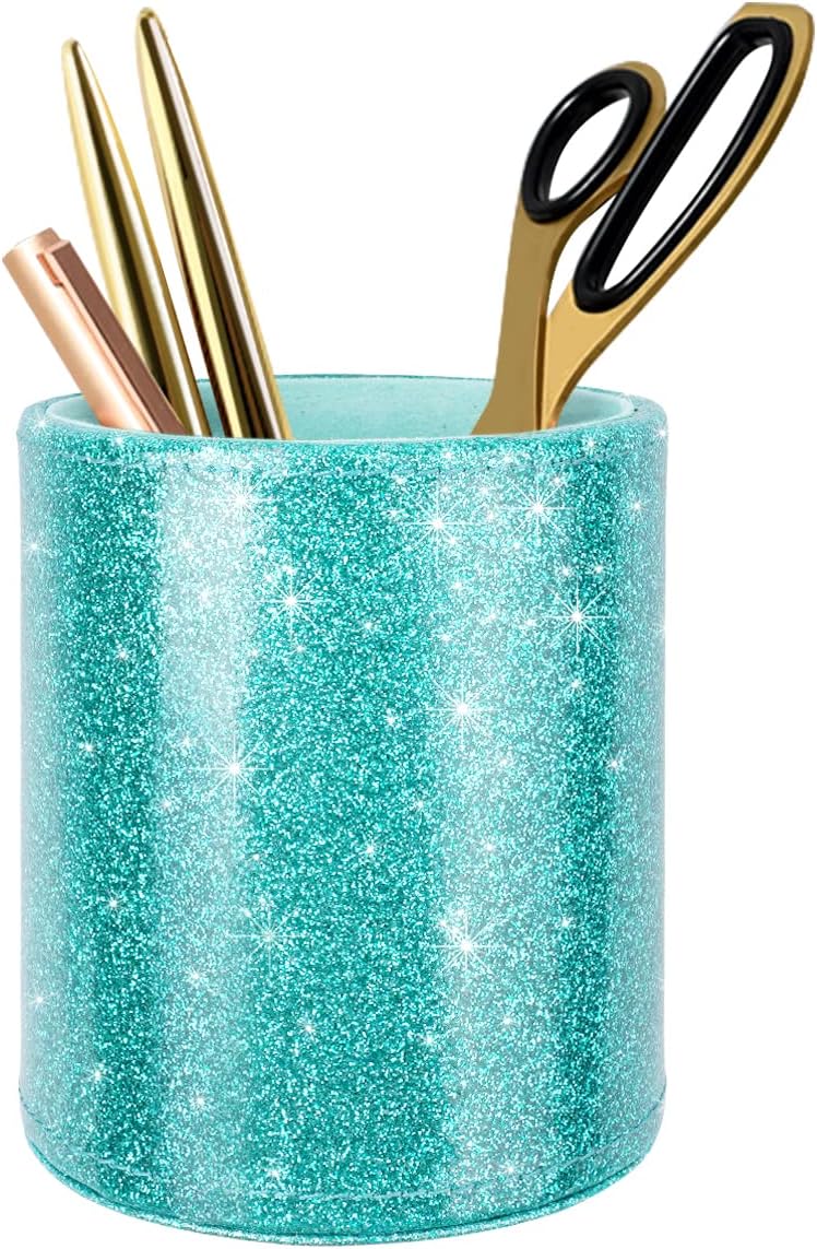 Glitter pen holder pencil organizer, cute pencil cup desk decor, decorative makeup brush holder large, leather multi-functional organizer cup for office, home, classroom, blue+green