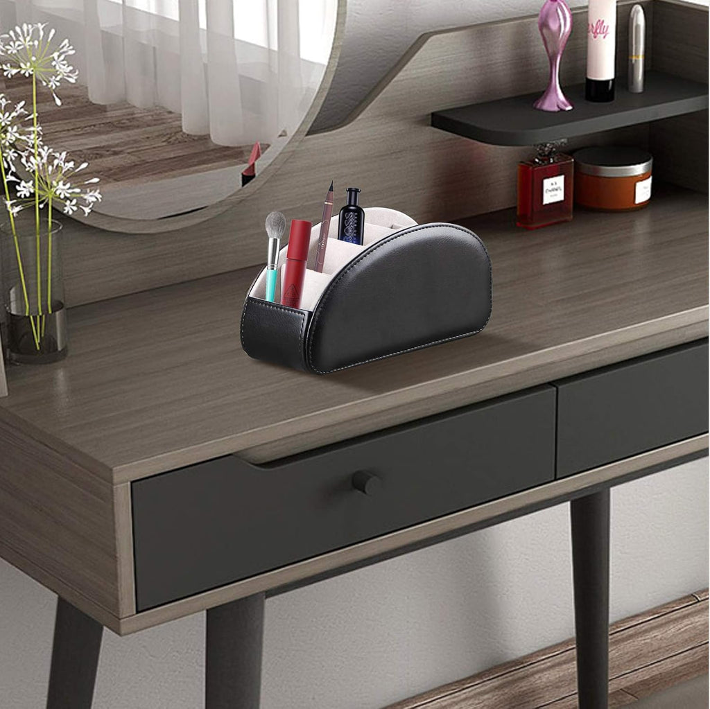 All-in-one leather TV remote control holder black with 5 compartments nightstand desktop DVD media player remote caddy storage box organizer tray for makeup brush pen stationery table controllers - view 6