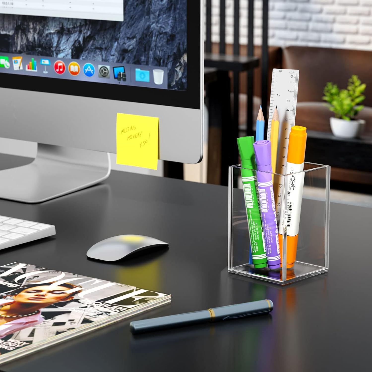 Acrylic Pen Holder for Desk, Clear Pencil Cup Organizer 2 Packs | Acrylic clear acrylic pen holder, durable transparent design organizes stationery and makeup tools for students and workers - view 2