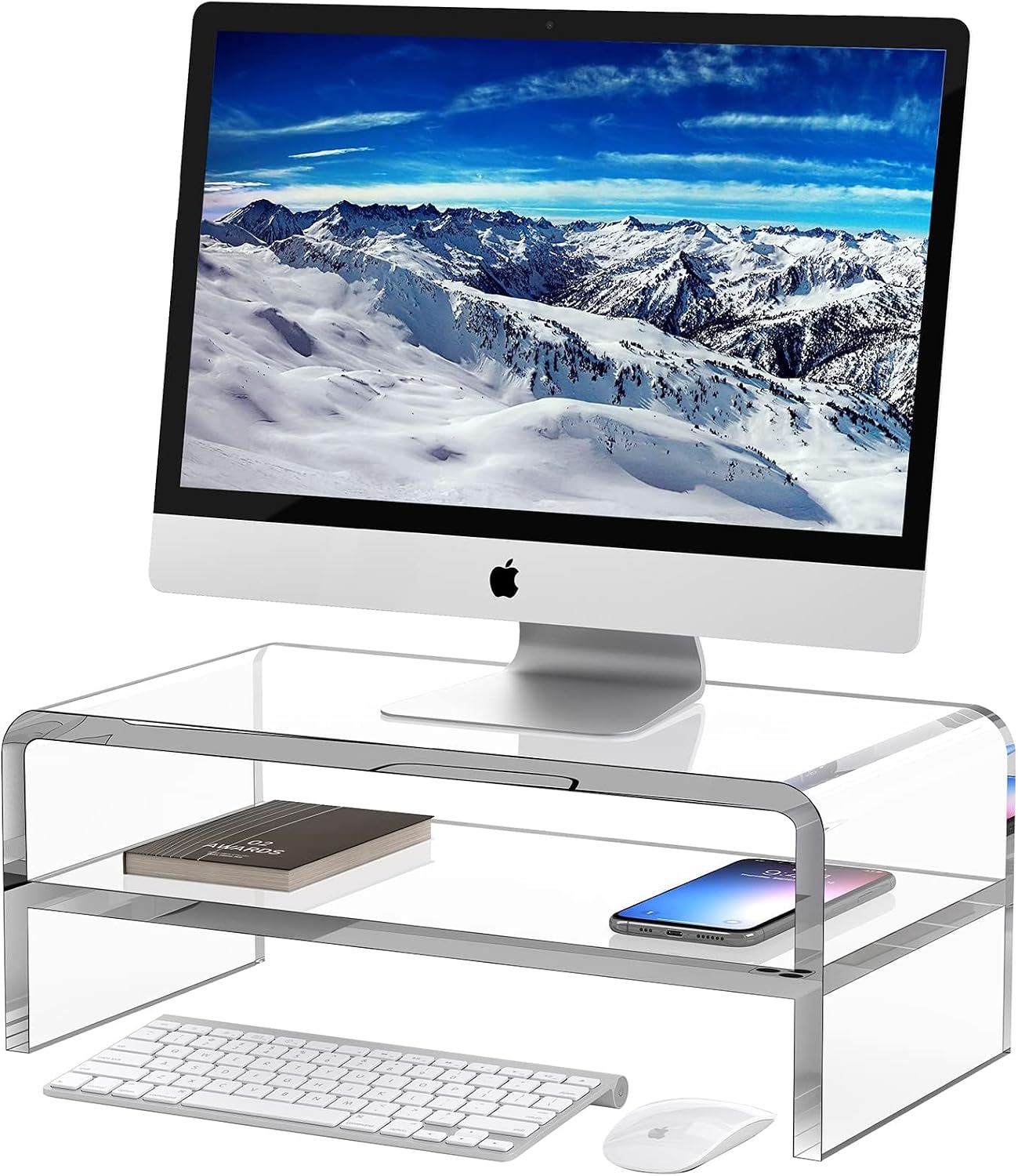 Acrylic Monitor Stand, 2 Tiers Clear Monitor Riser Computer Stand for Office, Home, Office, 5.12 Inches Hight PC Desk Stand for Keyboard Storage, Premium Platform for Laptop Printer TV Screen | for Office, Home, Office, PC Desk Stand for Keyboard Storage,