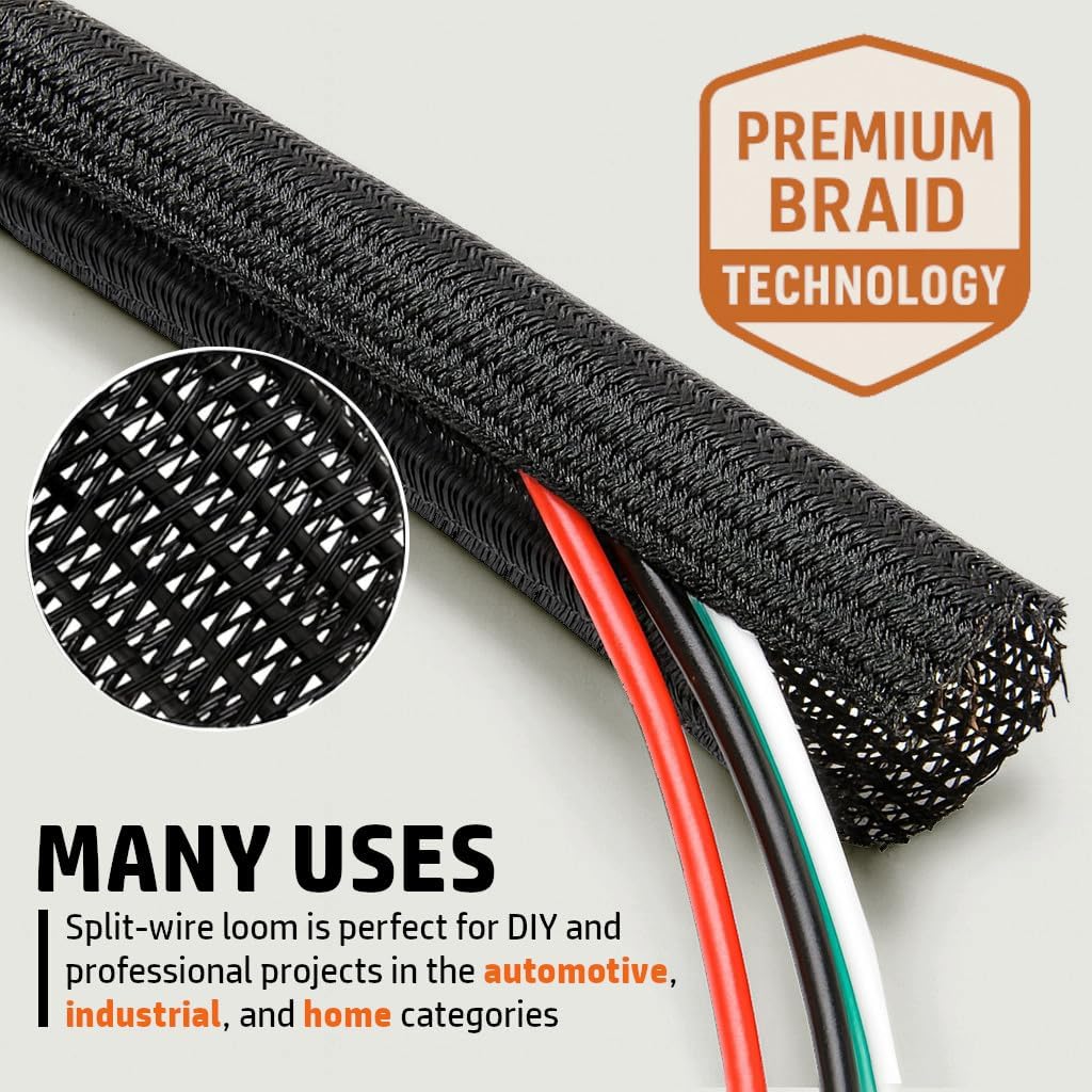 Braided Split-Sleeve Wire Loom for High-Temperature Automotive Harness and Home Cable Management 25 feet (1/4") - view 3