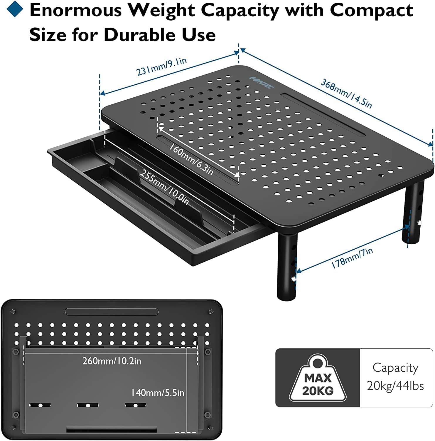 2 Pack Adjustable Monitor Stand Riser with Drawer, Supports 44lbs | Ergonomic Mesh Platform for Desk, Ventilated Laptop and PC Use with Cable Management for a Cooler, Organized Workspace - view 5