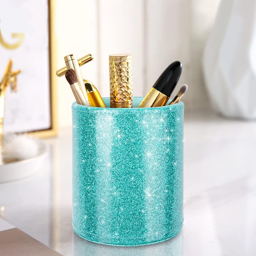 Glitter pen holder pencil organizer, cute pencil cup desk decor, decorative makeup brush holder large, leather multi-functional organizer cup for office, home, classroom, blue+green - view 3