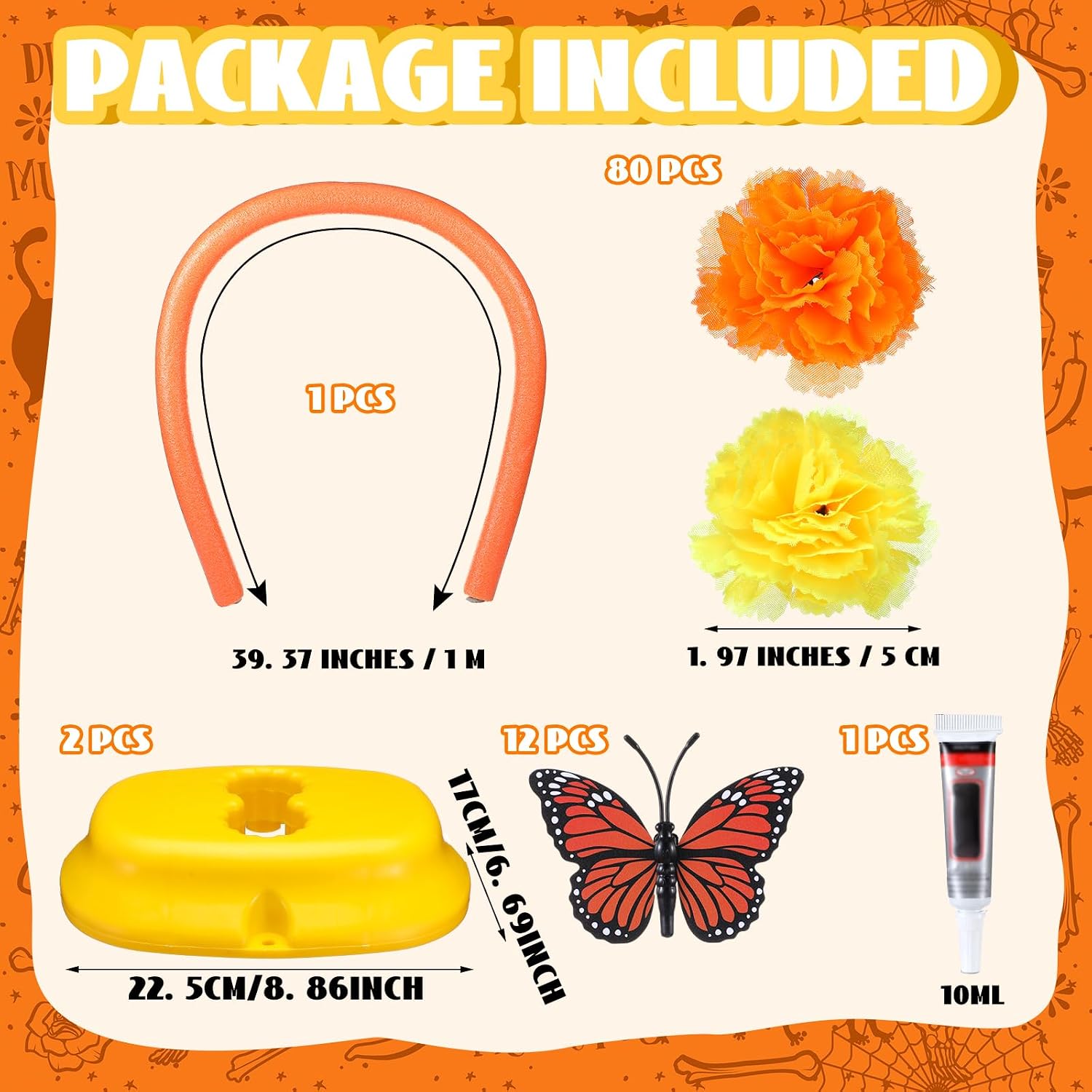 80 Silk Marigold Flowers Arch Kit, 40 Inch with 12 Butterfly | Day of the Dead Altar Decor, Artificial Flower Heads for Dia De Los Muertos Diwali, Orange Marigold Blooms, Table Setup - view 2