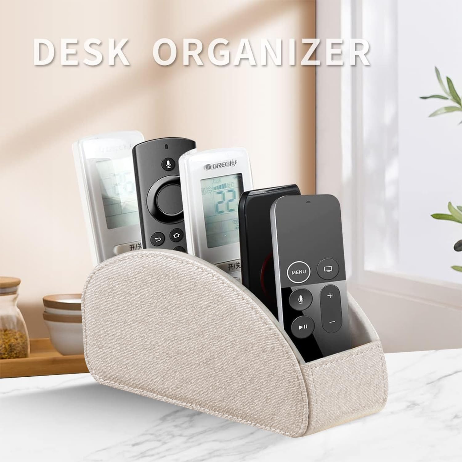 PU leather TV remote control holder/caddy for table with 5 compartments | desk organizer and decorations for living room, bedside storage for controller, makeup brush, pen, office stationery, art supplies - view 2