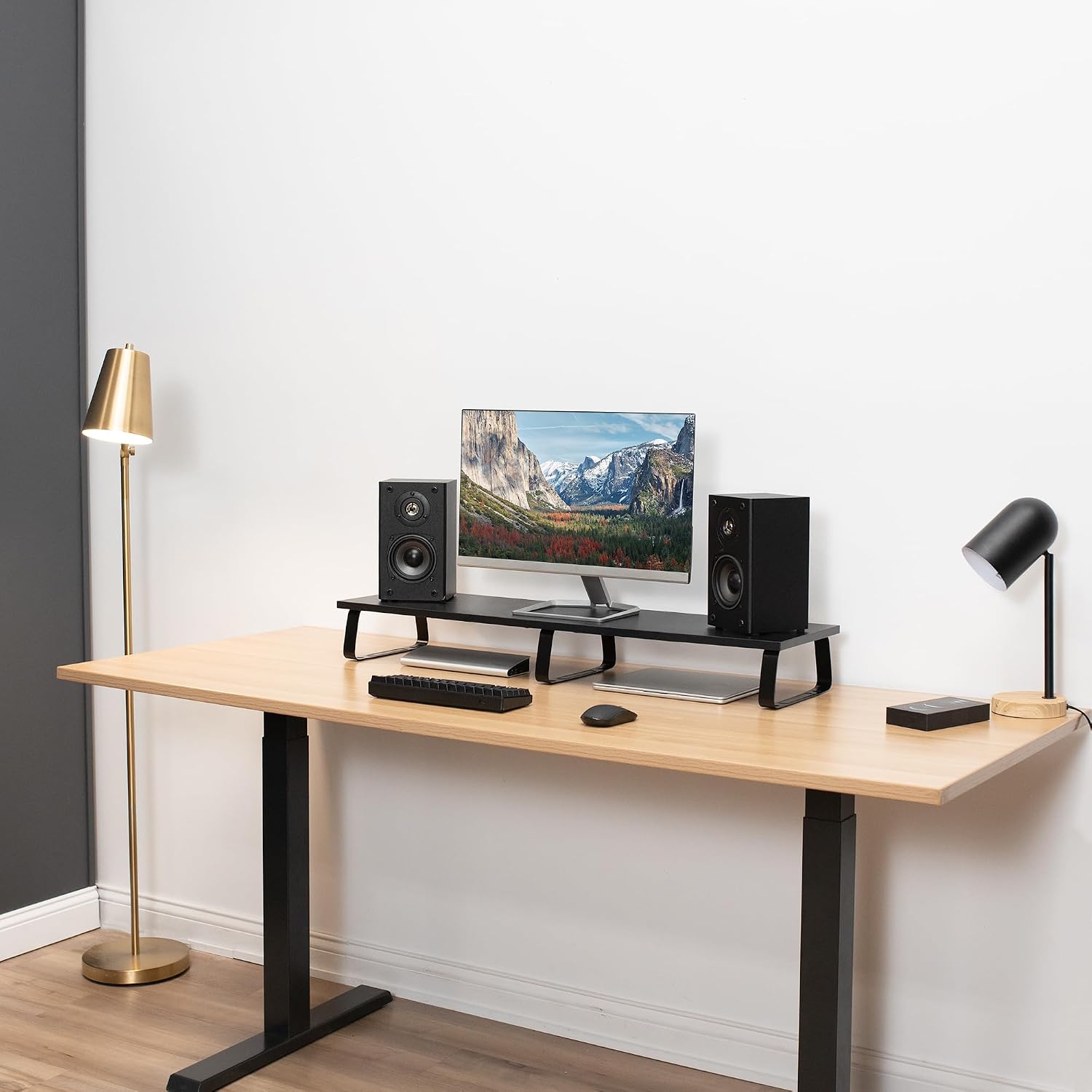 39 inch Extra Long Monitor Stand, Wood & Steel Desktop Riser, Dual Screen, TV, Keyboard, Laptop, Ergonomic Desk and Tabletop Organizer, Black, STAND-V000DL - view 8