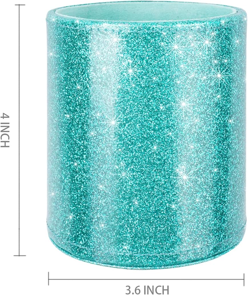 Glitter pen holder pencil organizer, cute pencil cup desk decor, decorative makeup brush holder large, leather multi-functional organizer cup for office, home, classroom, blue+green - view 2