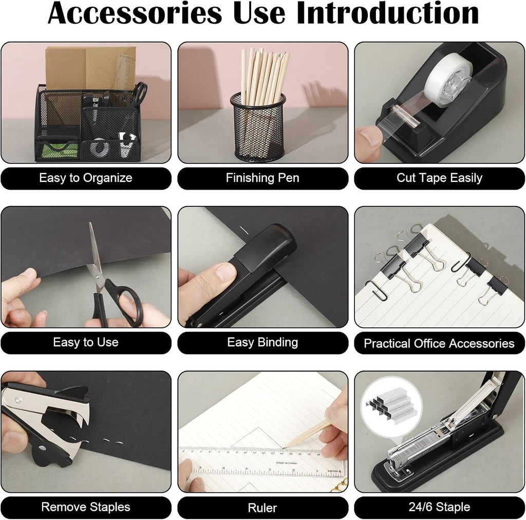 Black desk organizer and accessories, black desk accessories office supply kit include mesh desktop organizer stapler 1000 staples tape dispenser pen holder staple remover clips ruler scissors - view 4