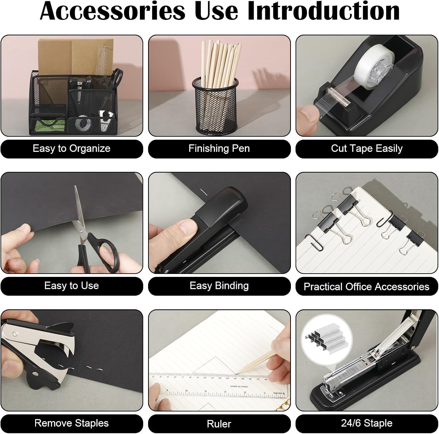 Black desk organizer and accessories, black desk accessories office supply kit include mesh desktop organizer stapler 1000 staples tape dispenser pen holder staple remover clips ruler scissors - view 4