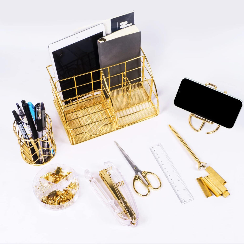 Gold Desk Organizers and Accessories Office Supplies Set Stapler, Pen Holder, Phone Holder, Scissors, Pen, Ruler, 30 Paper Clips, 22 Binder Clip, 20 Tacks and 1000pcs Staples (Gold) - view 6