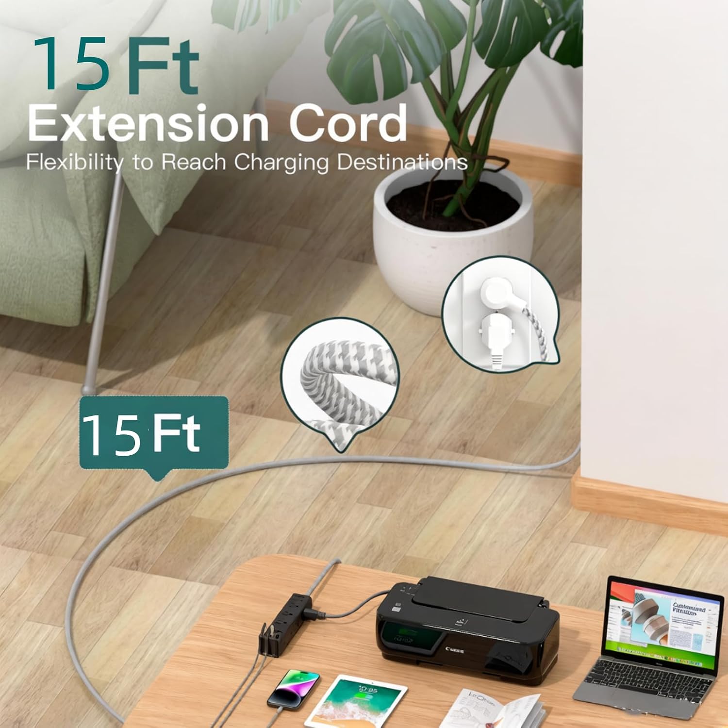 15ft extension cord, power strip surge protector with 12 AC outlets & 4 USB | flat plug, wall mount, 1050J surge protector, outlet extender for home office dorm room gaming desk setup, ETL listed - view 3