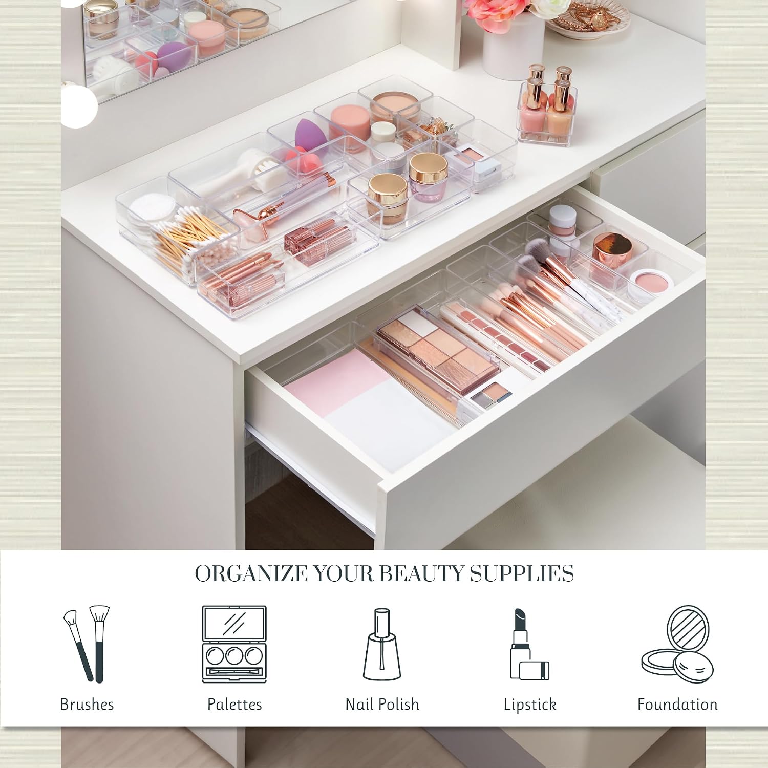 18-piece stackable clear drawer organizer set | multi-size trays | makeup vanity storage bins and office desk drawer dividers | made in USA - view 3