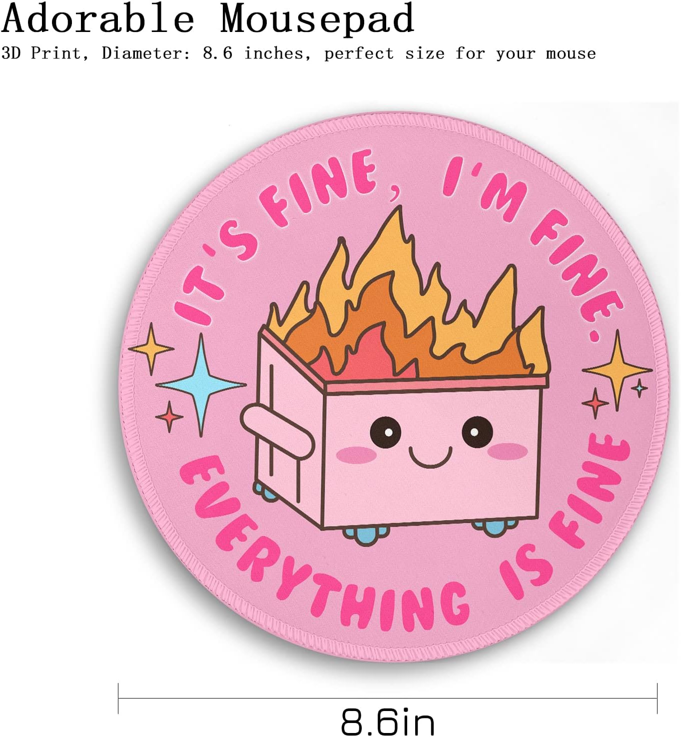 Pink Round Mouse Pads for Desk, Cute Office Decor for Women 8.6 in | Dumpster on Fire Small Mousepad, Stitched Edge, Non-Slip, Computer Mouse Pad for Wireless Mouse Laptop Desk Accessories - view 4