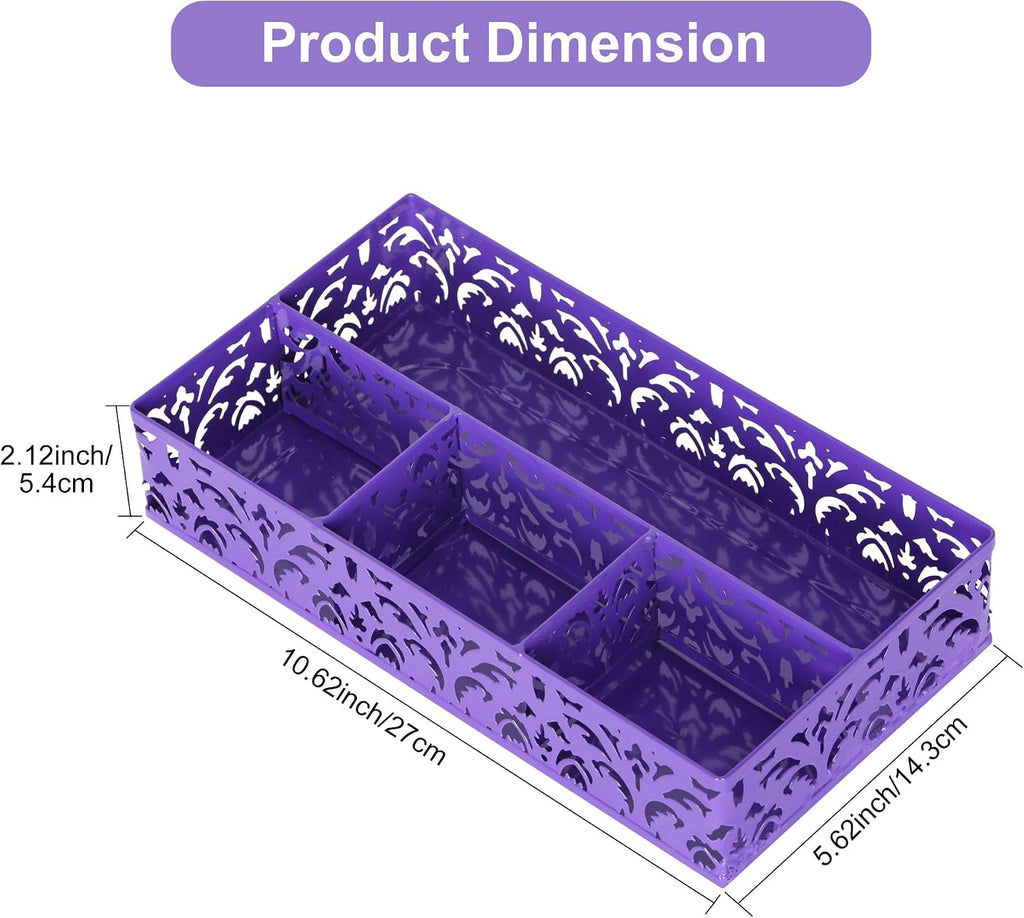 Desk Drawer Organizer with 4 Compartments, Carved Hollow Floral Metal Tray for Office, Jewelry, Cosmetics - No Assembly, Purple - view 7