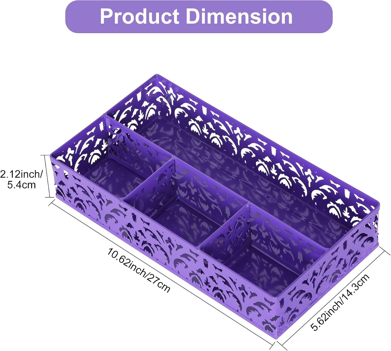 Desk Drawer Organizer with 4 Compartments, Carved Hollow Floral Metal Tray for Office, Jewelry, Cosmetics - No Assembly, Purple - view 7