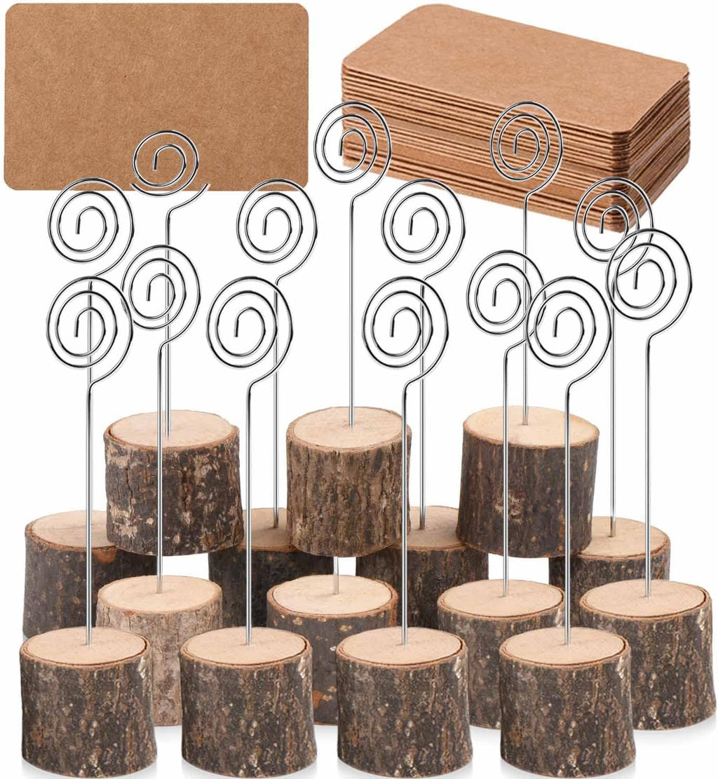 20Pcs Premium Wood Place Card Holders with Swirl Wire and 30 Pcs Kraft Place Cards, Memo Holder, Table Number Holders Stands, Name Cards Photo Holders for Wedding Party Sign Food Cards Label