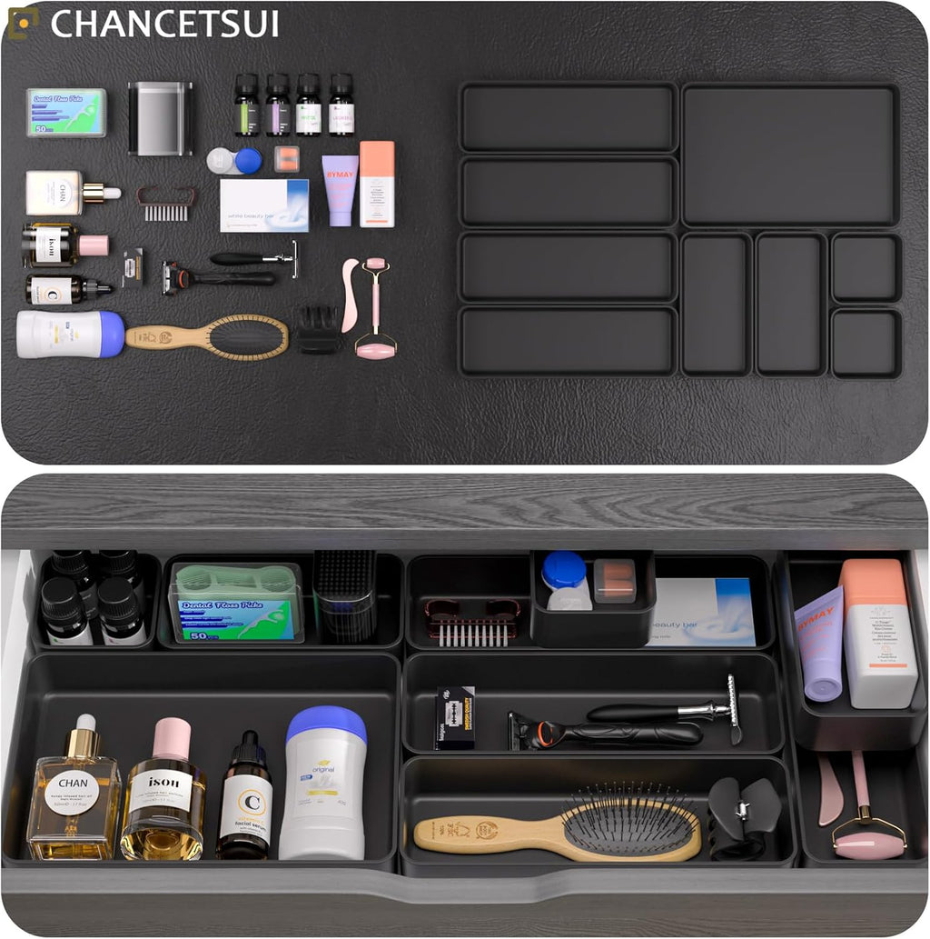 Black Bathroom Drawer Organizer Trays: 9 PC Stackable Desk Organizers Bin | vanity office kitchen modern shallow containers modular storage - view 4