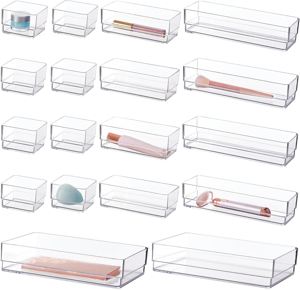 18-piece stackable clear drawer organizer set | multi-size trays | makeup vanity storage bins and office desk drawer dividers | made in USA