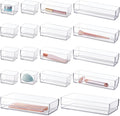 18-piece stackable clear drawer organizer set | multi-size trays | makeup vanity storage bins and office desk drawer dividers | made in USA