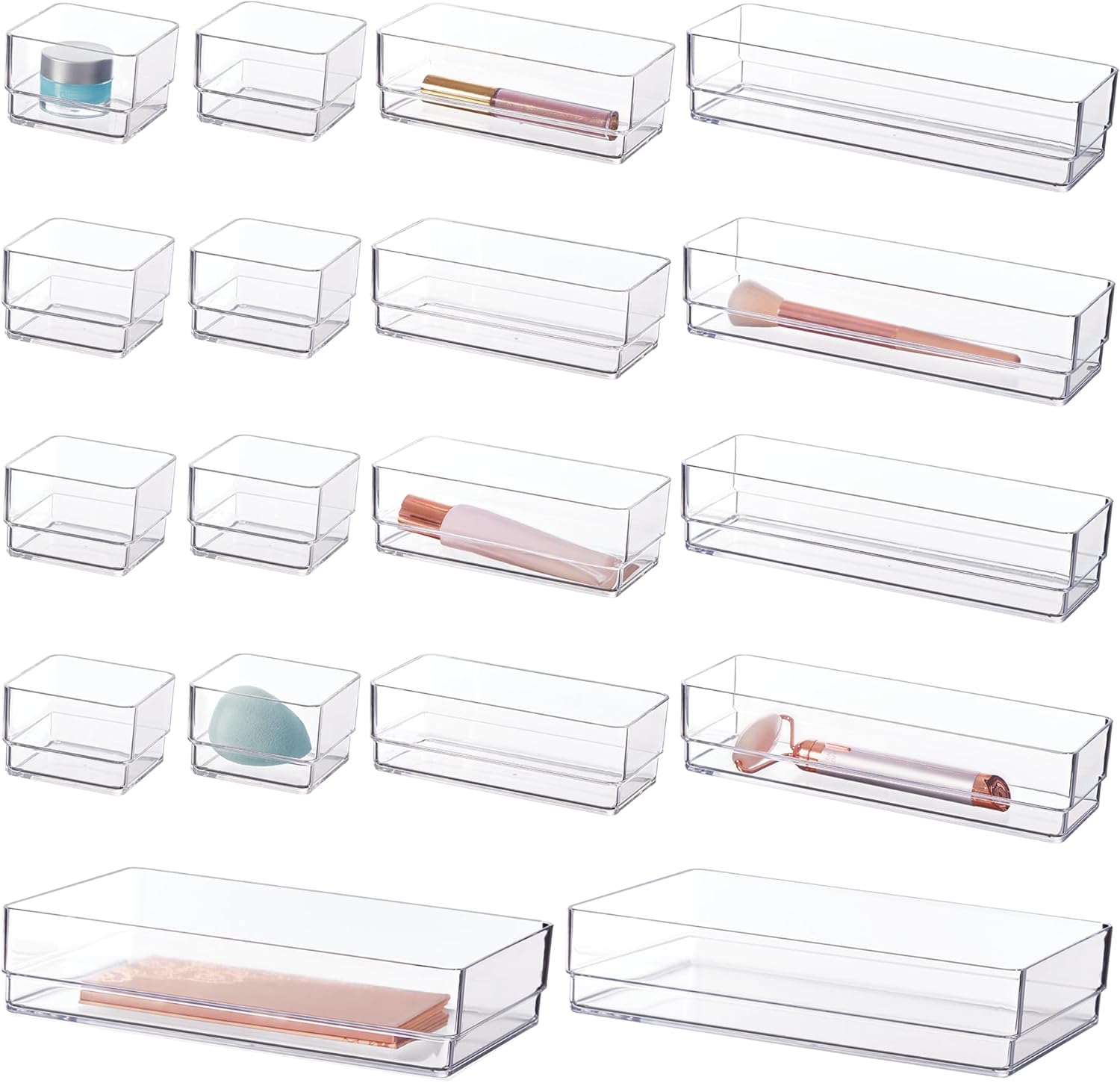 18-piece stackable clear drawer organizer set | multi-size trays | makeup vanity storage bins and office desk drawer dividers | made in USA