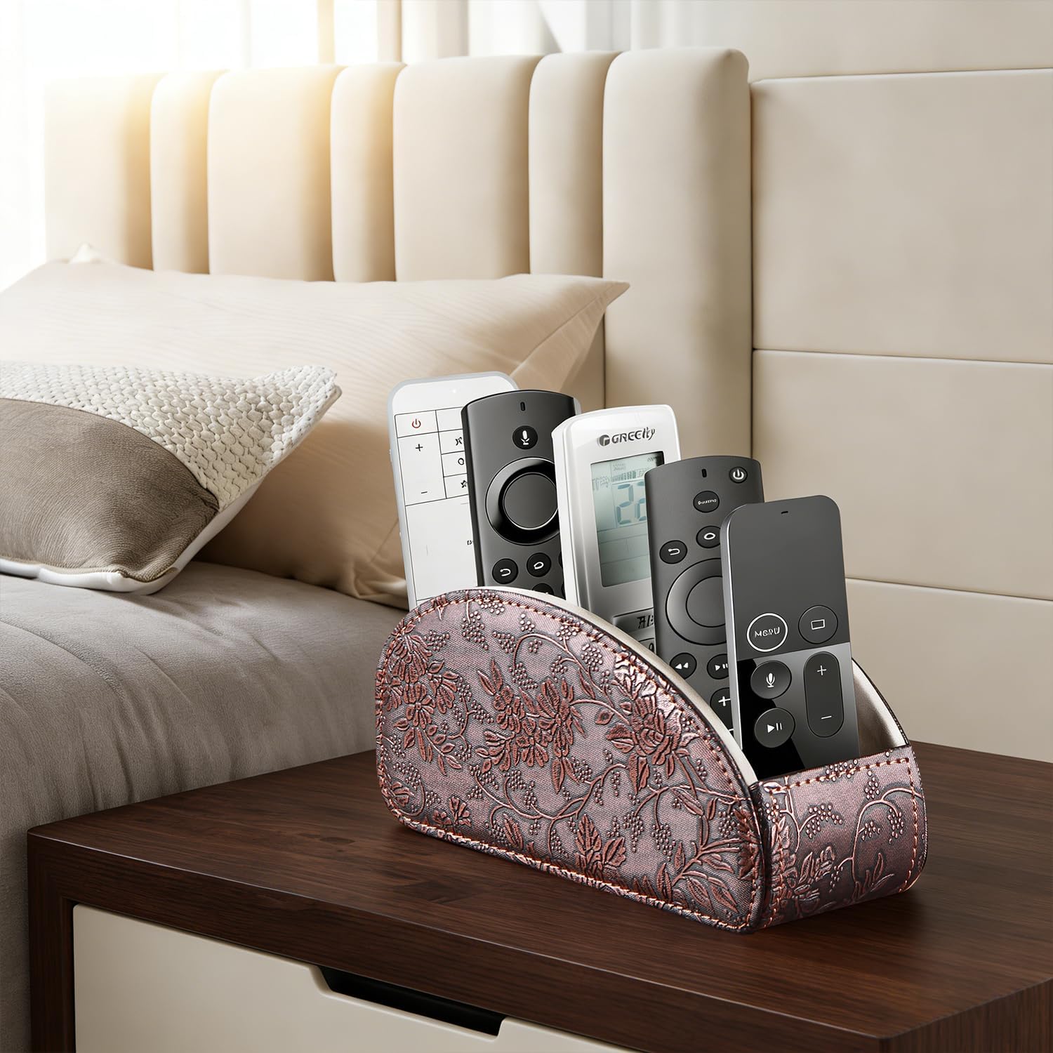 All-in-one TV remote holder/caddy for remote controls with 5 compartments | PU leather nightstand desktop storage box organizer/tray for makeup, media player controller, phone, pen, office desk accessories - view 7