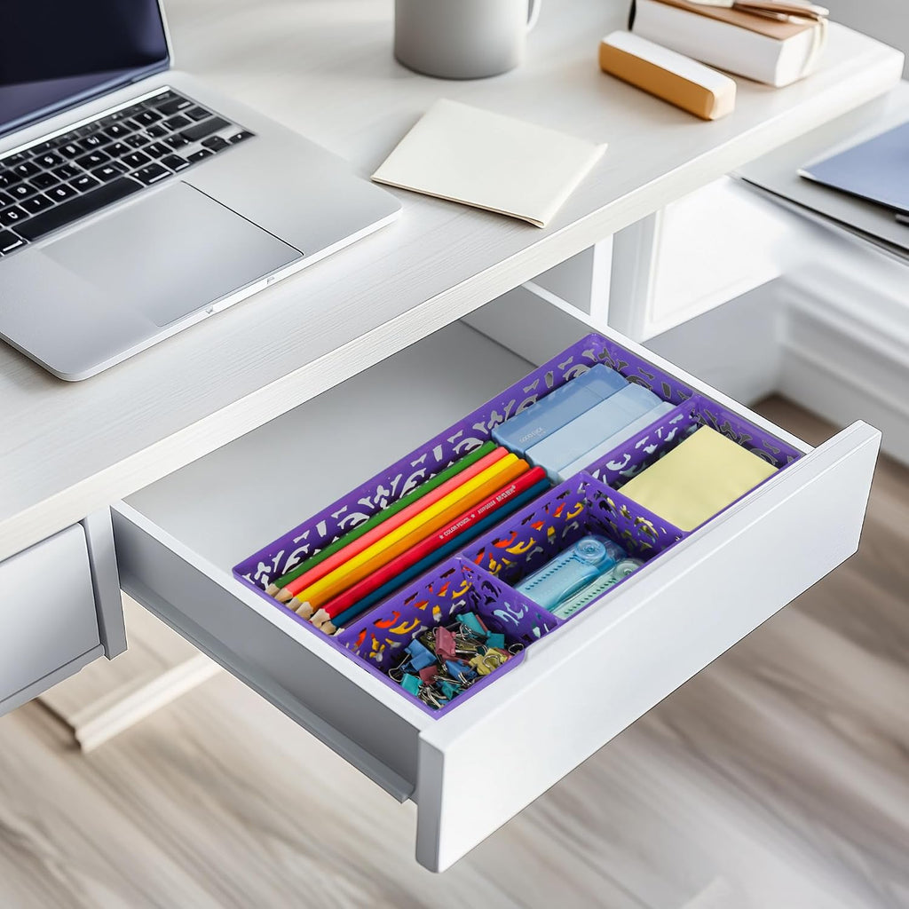 Desk Drawer Organizer with 4 Compartments, Carved Hollow Floral Metal Tray for Office, Jewelry, Cosmetics - No Assembly, Purple - view 2