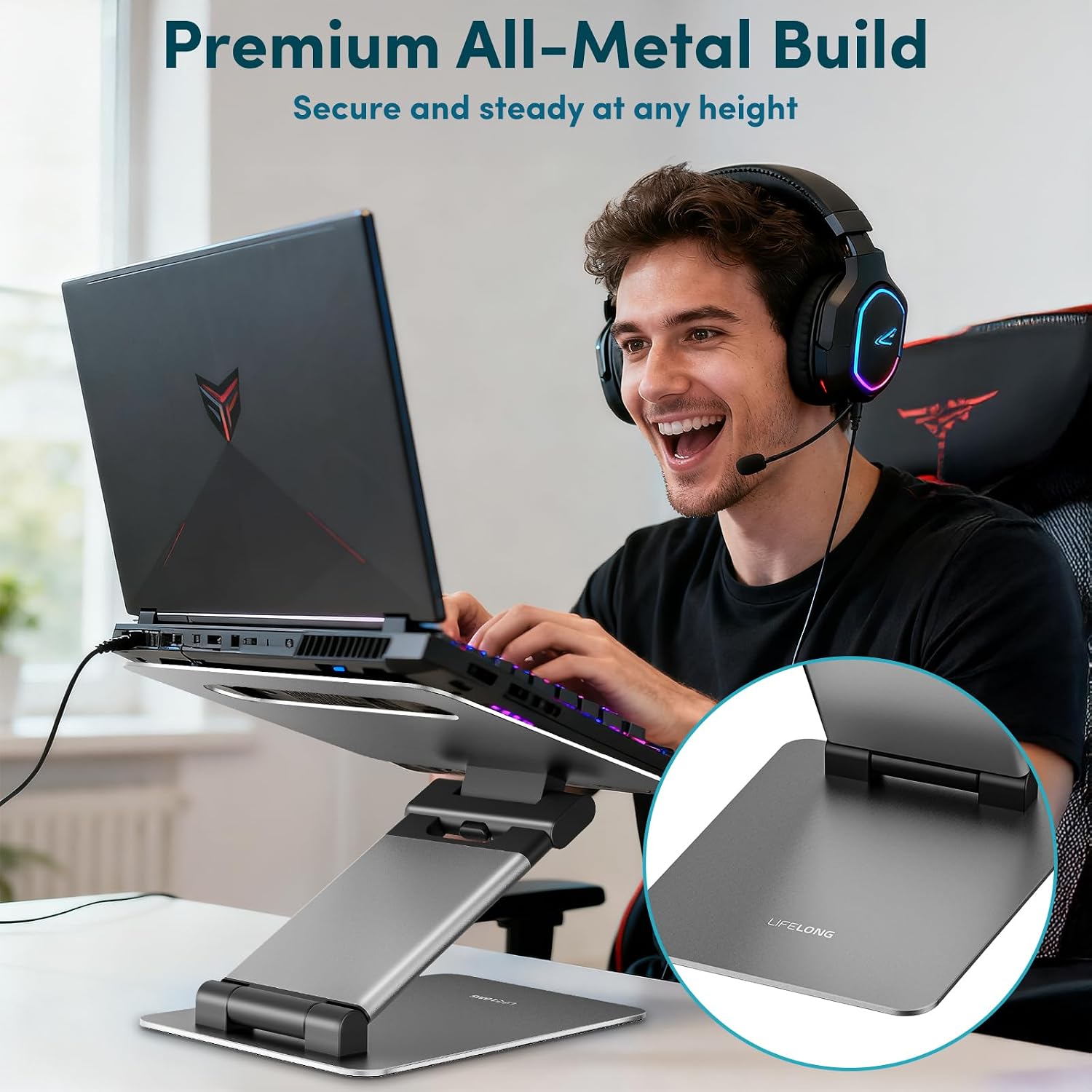 Aluminum Adjustable Laptop Stand, Extra Tall 20" Riser, Grey | Ergonomic Portable Foldable Computer Stand, Fits 10-17” Laptops for Office Meetings, Teamwork & Desk Setup - view 5