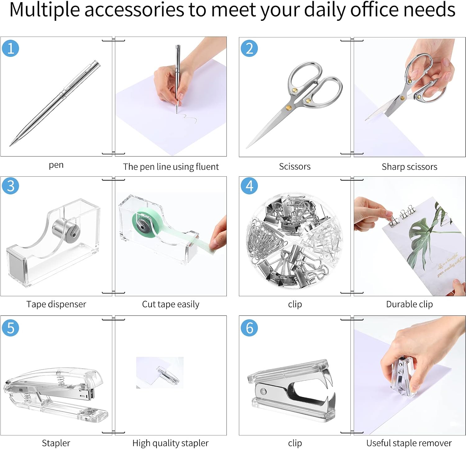 Office supplies set desk accessory kit, acrylic stapler set staple remover, tape dispenser, binder clips, paper clips, ballpoint pen and scissor with 1000 pieces 26/6 staples (silver) - view 4