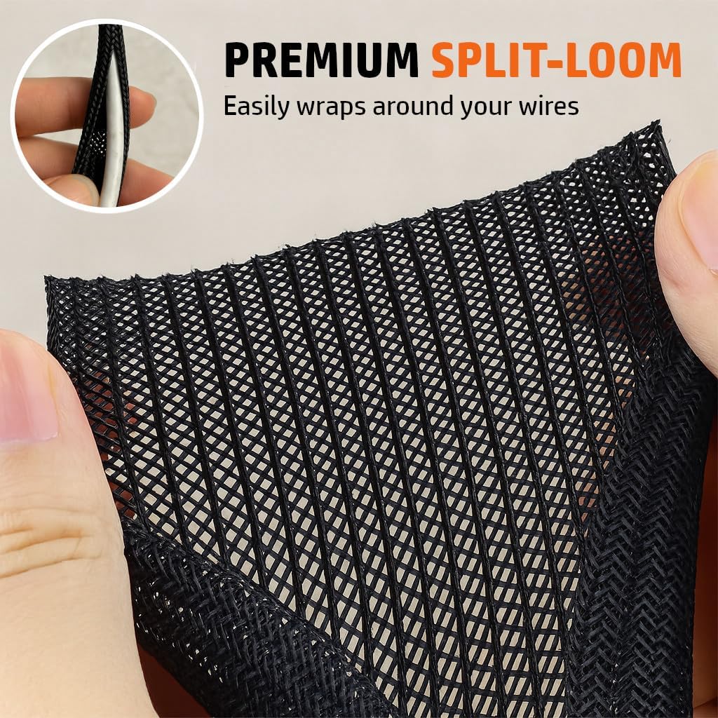 Braided Split-Sleeve Wire Loom for High-Temperature Automotive Harness and Home Cable Management 25 feet (1/4") - view 2