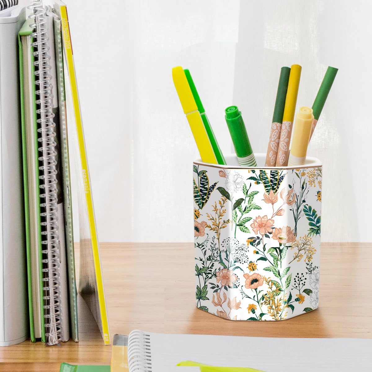 Cute ceramic pen holder for desk, pencil cup pot, makeup brush holders, desk accessories & workspace organizers for home, office, white flower - view 4