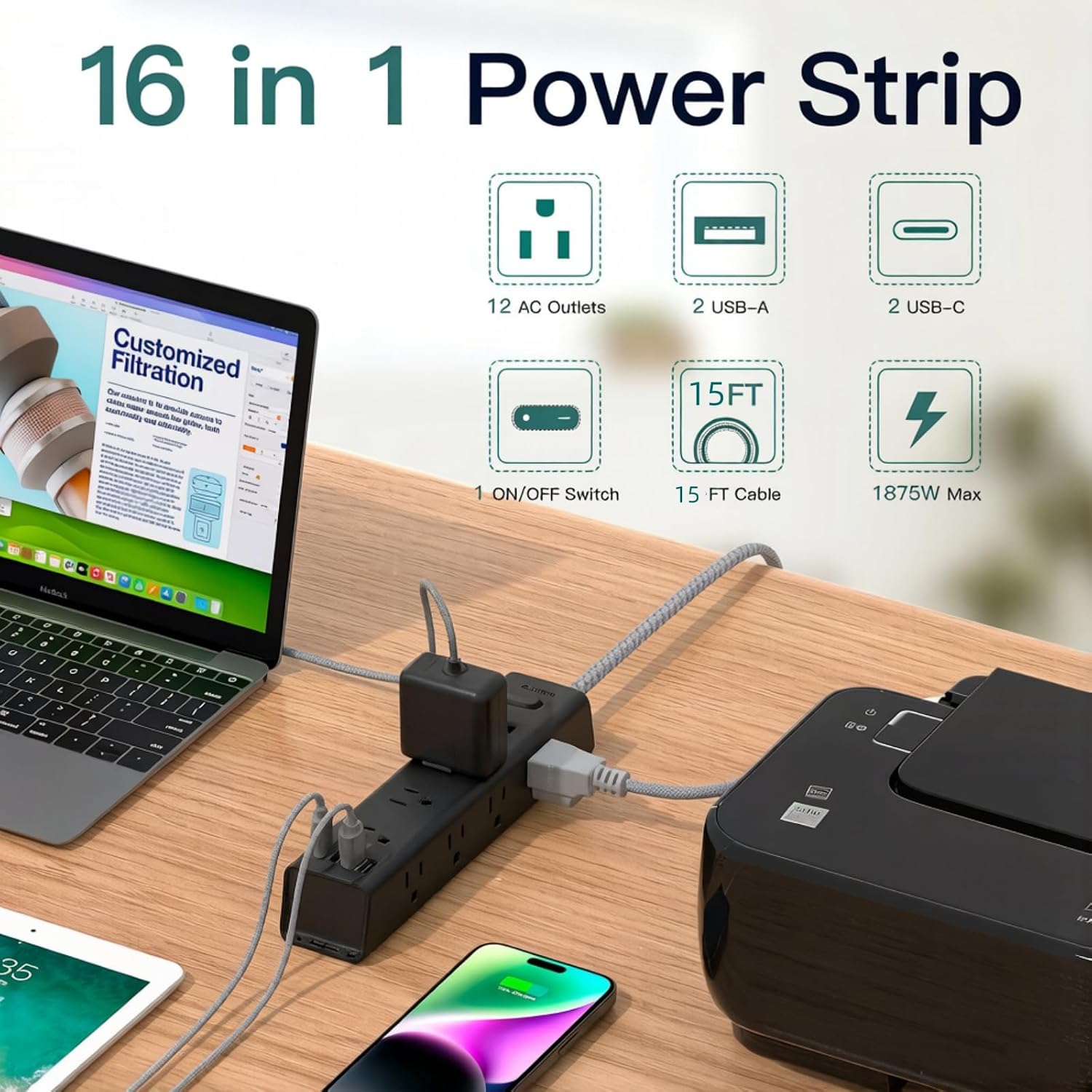 15ft extension cord, power strip surge protector with 12 AC outlets & 4 USB | flat plug, wall mount, 1050J surge protector, outlet extender for home office dorm room gaming desk setup, ETL listed - view 2