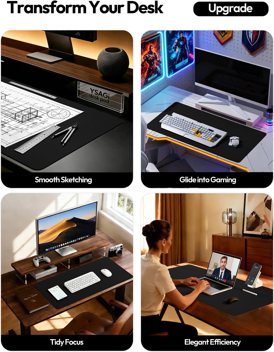 Leather Desk Protector, Office Mat, Large Mouse Mat, Non-Slip PU Leather Blotter, Laptop Desk Mat, Waterproof Writing Pad for Office and Home (Black, 31.5" x 15.8") - view 2