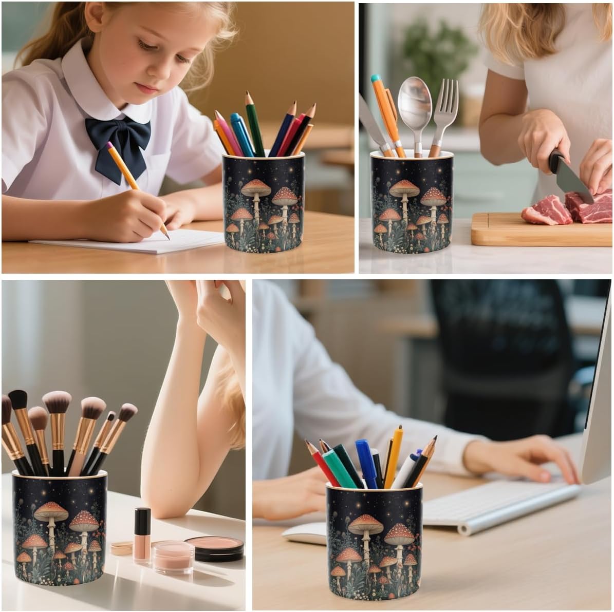 Cute pen pencil holder for desk, durable ceramic organizer decor for room, office, classroom, mushroom pattern - view 2