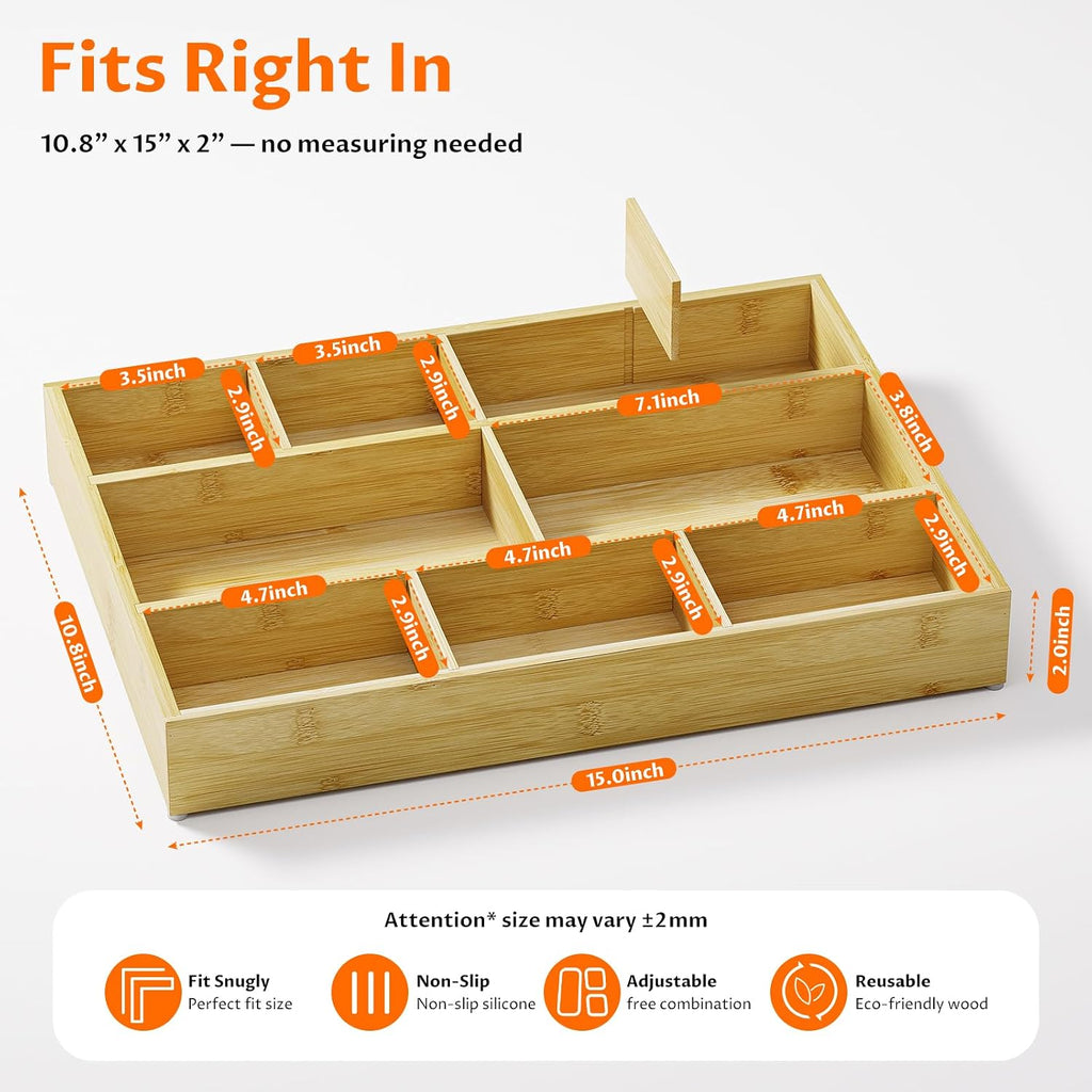 Bamboo Drawer Organizer with 9 Adjustable Compartments, Desk Storage Tray | Natural Bamboo, Flexible Modular Trays, Water-Resistant, Adjustable, Excellent Organization, Easy to Clean, Non-Slip Design - view 2