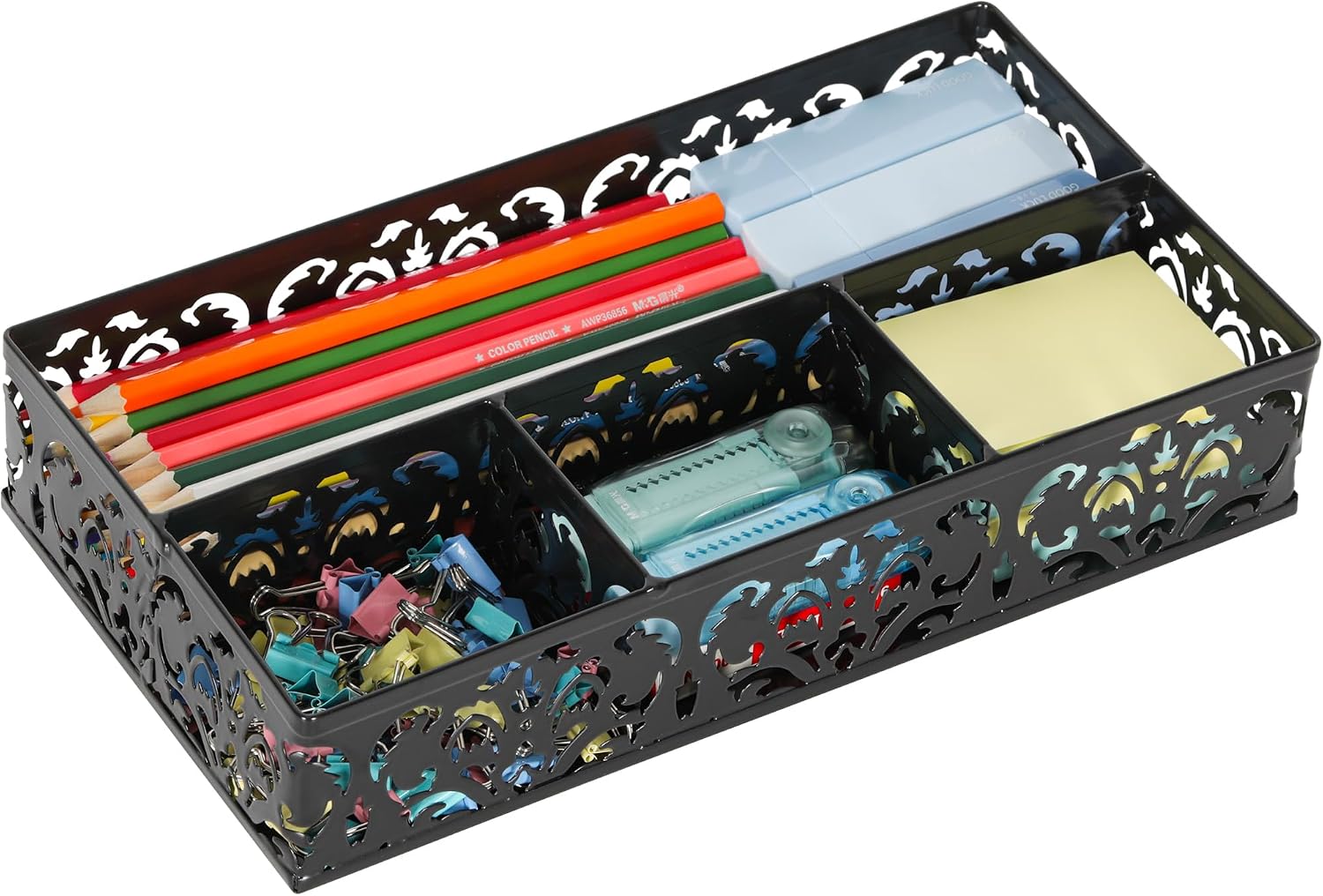 Desk Drawer Organizer with 4 Compartments, Carved Hollow Floral Metal Tray for Office, Jewelry, Cosmetics - No Assembly, Purple - view 8